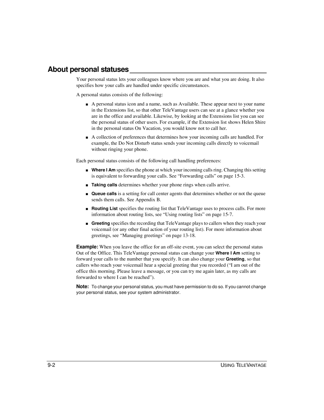 Vertical Communications TeleVantage 7.5 manual About personal statuses 