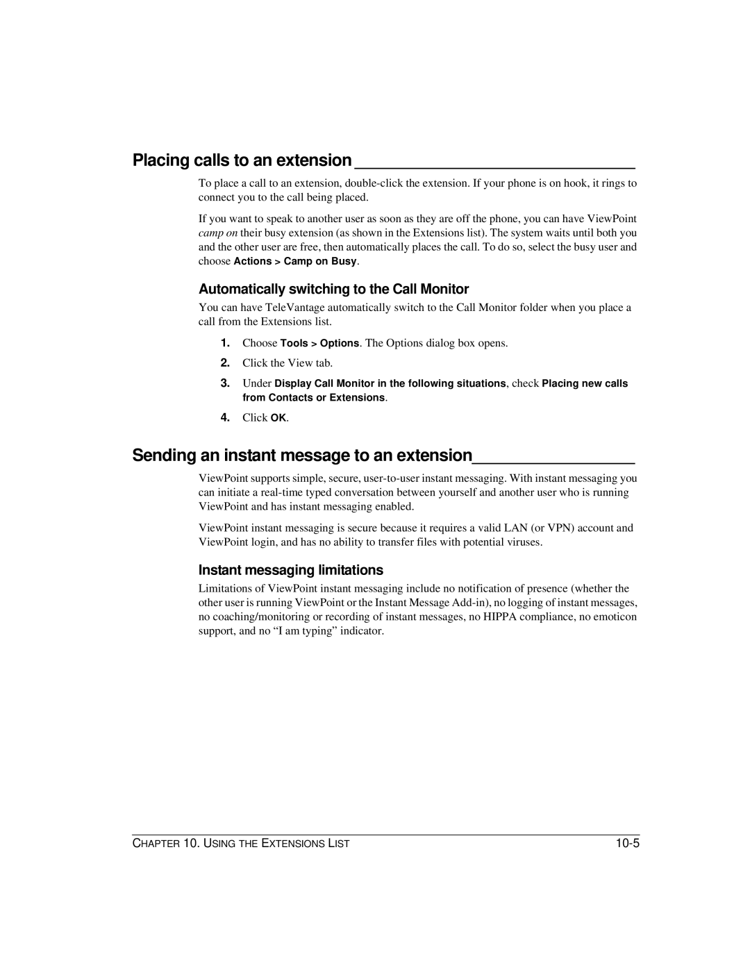 Vertical Communications TeleVantage 7.5 manual Placing calls to an extension, Sending an instant message to an extension 