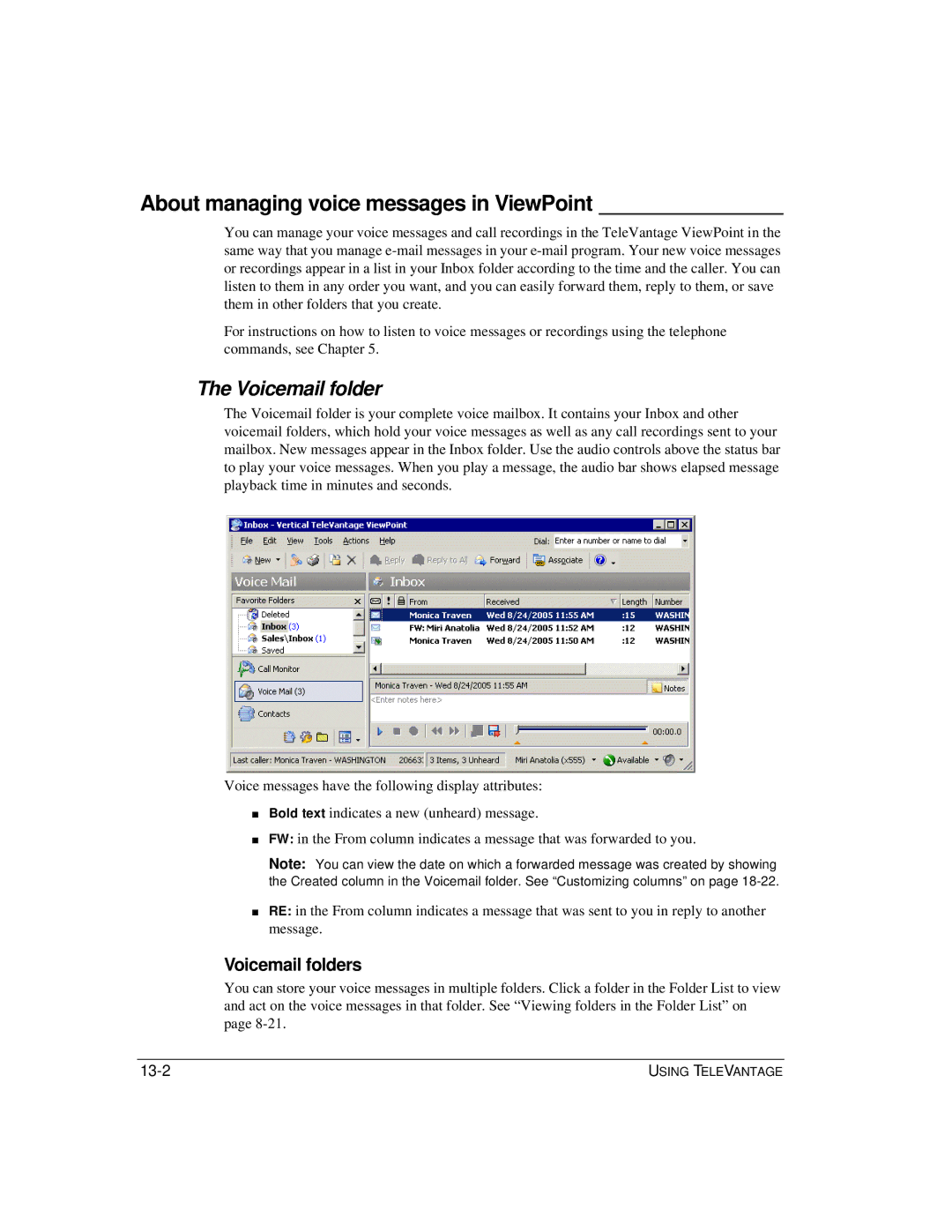 Vertical Communications TeleVantage 7.5 manual About managing voice messages in ViewPoint, Voicemail folders 