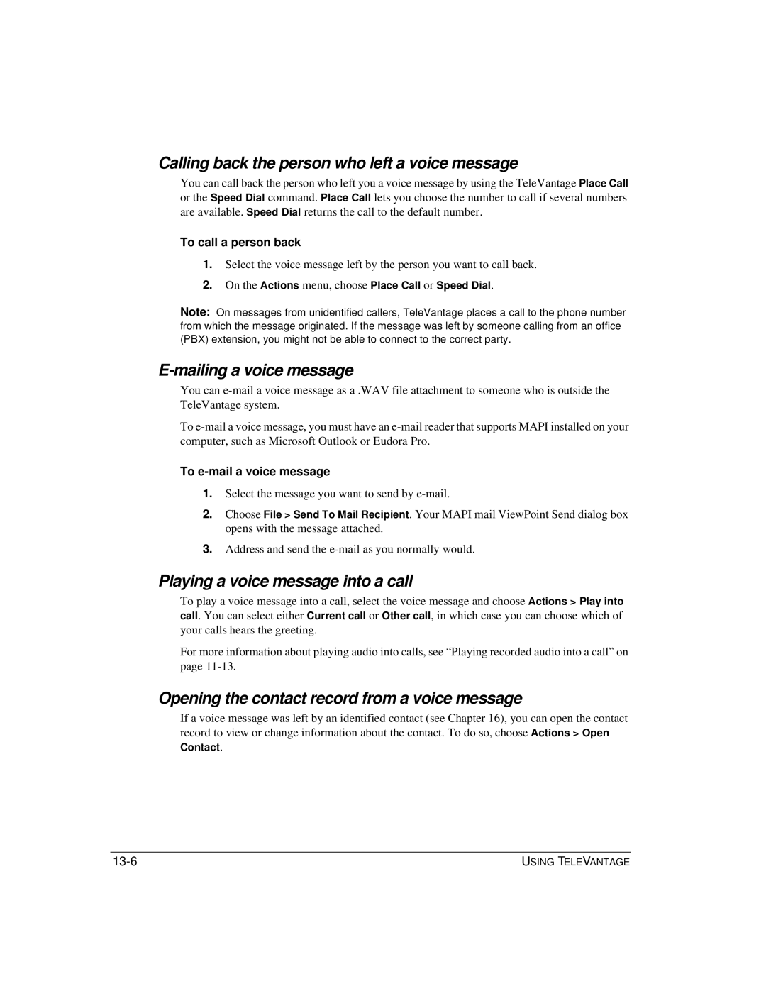 Vertical Communications TeleVantage 7.5 manual Calling back the person who left a voice message, Mailing a voice message 