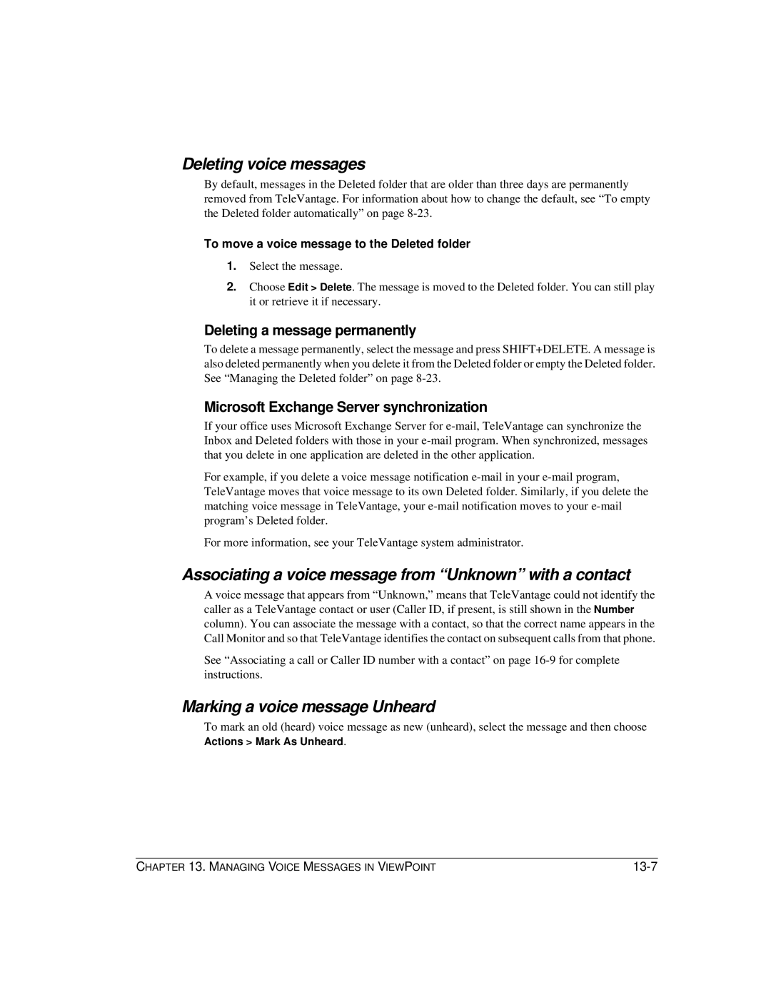 Vertical Communications TeleVantage 7.5 Deleting voice messages, Associating a voice message from Unknown with a contact 