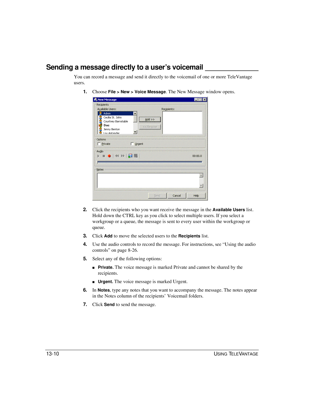 Vertical Communications TeleVantage 7.5 manual Sending a message directly to a user’s voicemail 