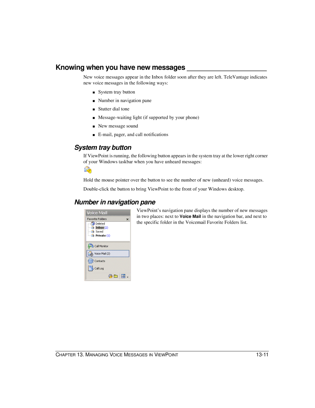 Vertical Communications TeleVantage 7.5 Knowing when you have new messages, System tray button, Number in navigation pane 