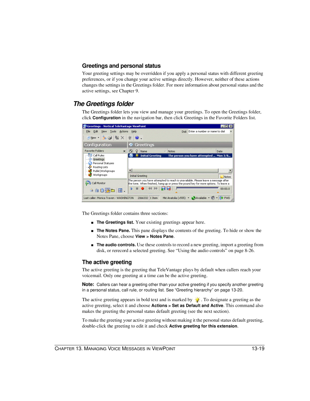 Vertical Communications TeleVantage 7.5 manual Greetings folder, Greetings and personal status, Active greeting 