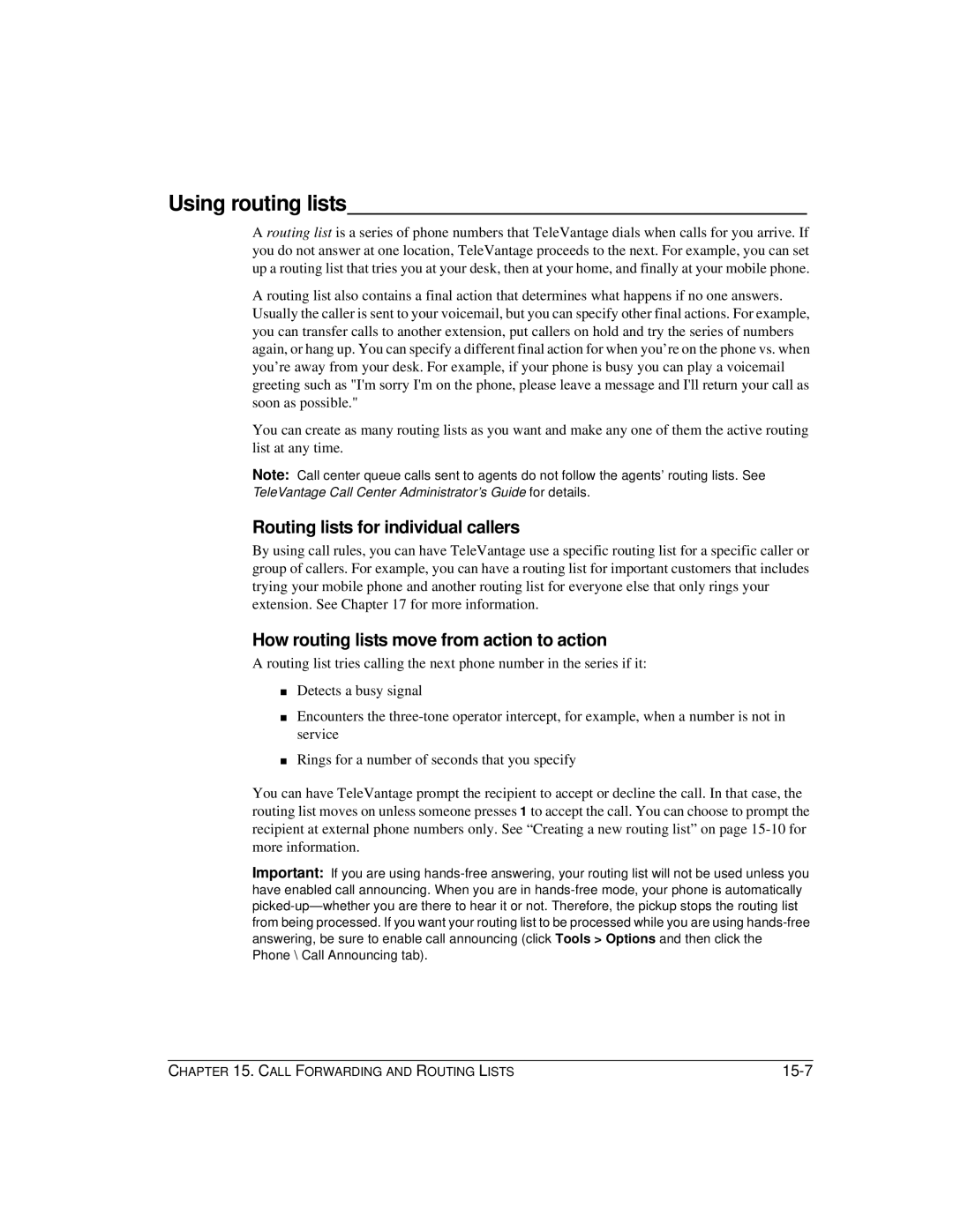 Vertical Communications TeleVantage 7.5 manual Using routing lists, Routing lists for individual callers 