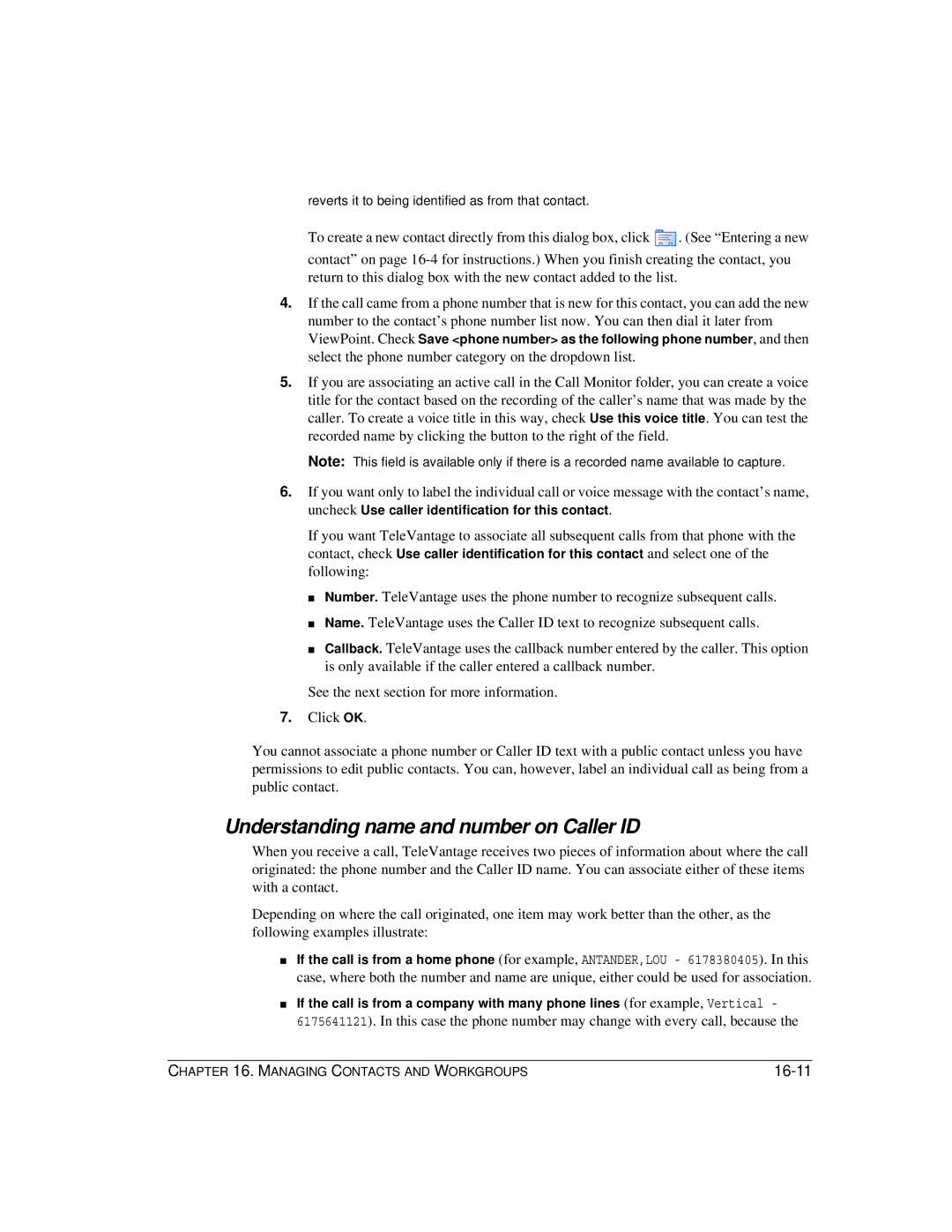 Vertical Communications TeleVantage 7.5 manual Understanding name and number on Caller ID, 16-11 