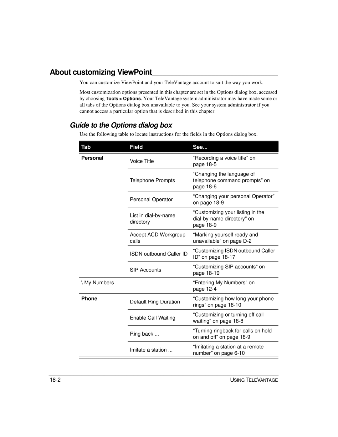 Vertical Communications TeleVantage 7.5 About customizing ViewPoint, Guide to the Options dialog box, Tab Field See, Phone 