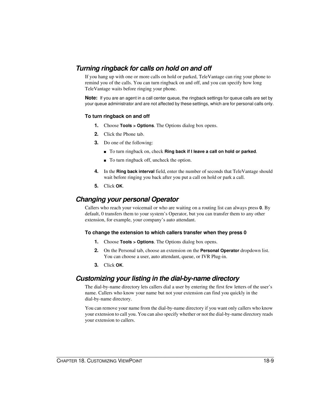 Vertical Communications TeleVantage 7.5 Turning ringback for calls on hold on and off, Changing your personal Operator 