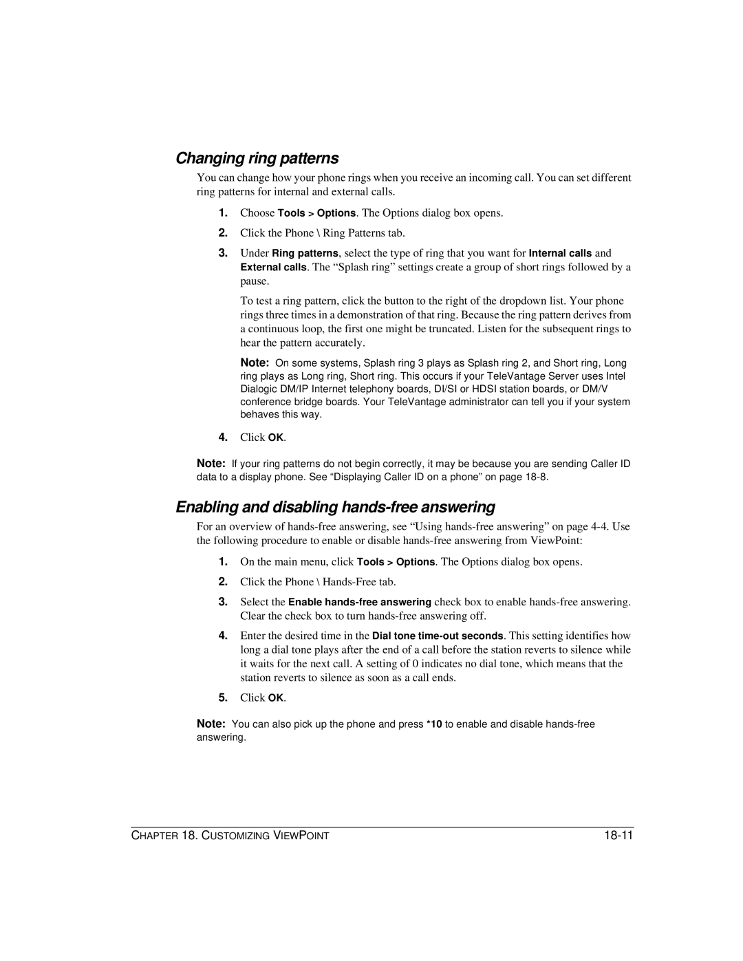 Vertical Communications TeleVantage 7.5 manual Changing ring patterns, Enabling and disabling hands-free answering 