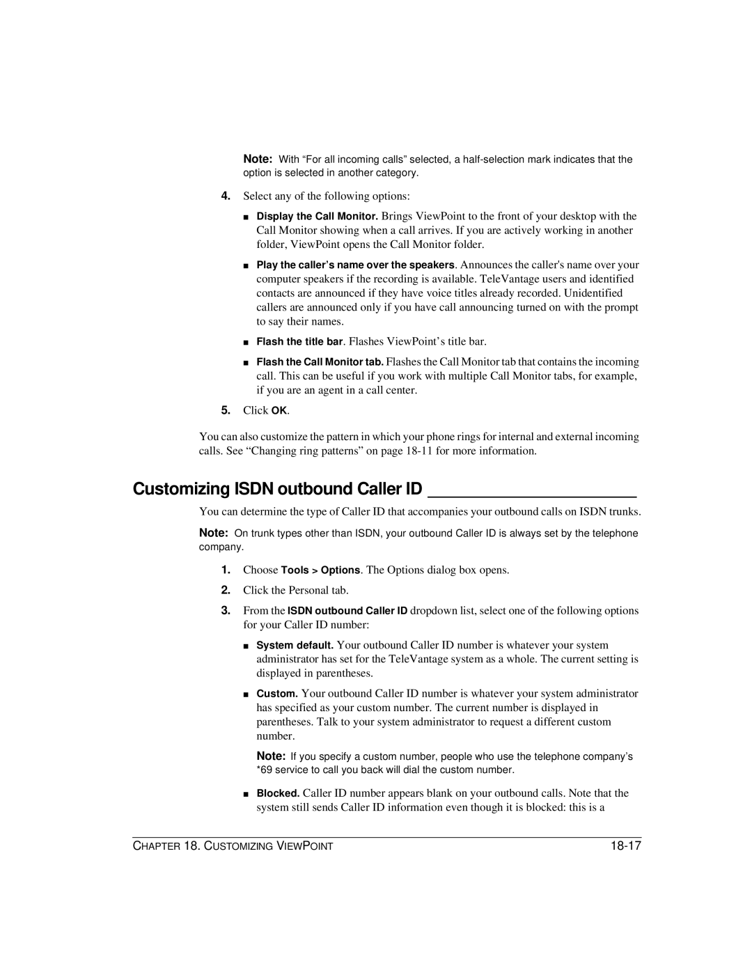 Vertical Communications TeleVantage 7.5 manual Customizing Isdn outbound Caller ID, 18-17 