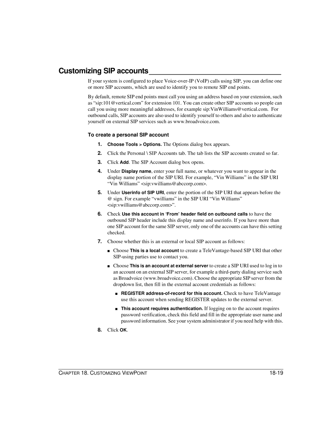Vertical Communications TeleVantage 7.5 manual Customizing SIP accounts, To create a personal SIP account 