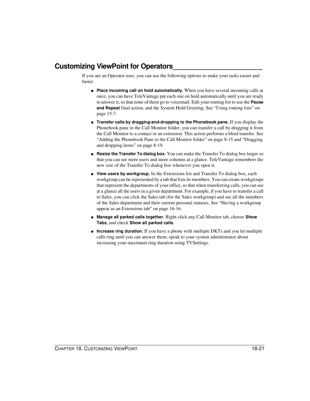 Vertical Communications TeleVantage 7.5 manual Customizing ViewPoint for Operators, 18-21 