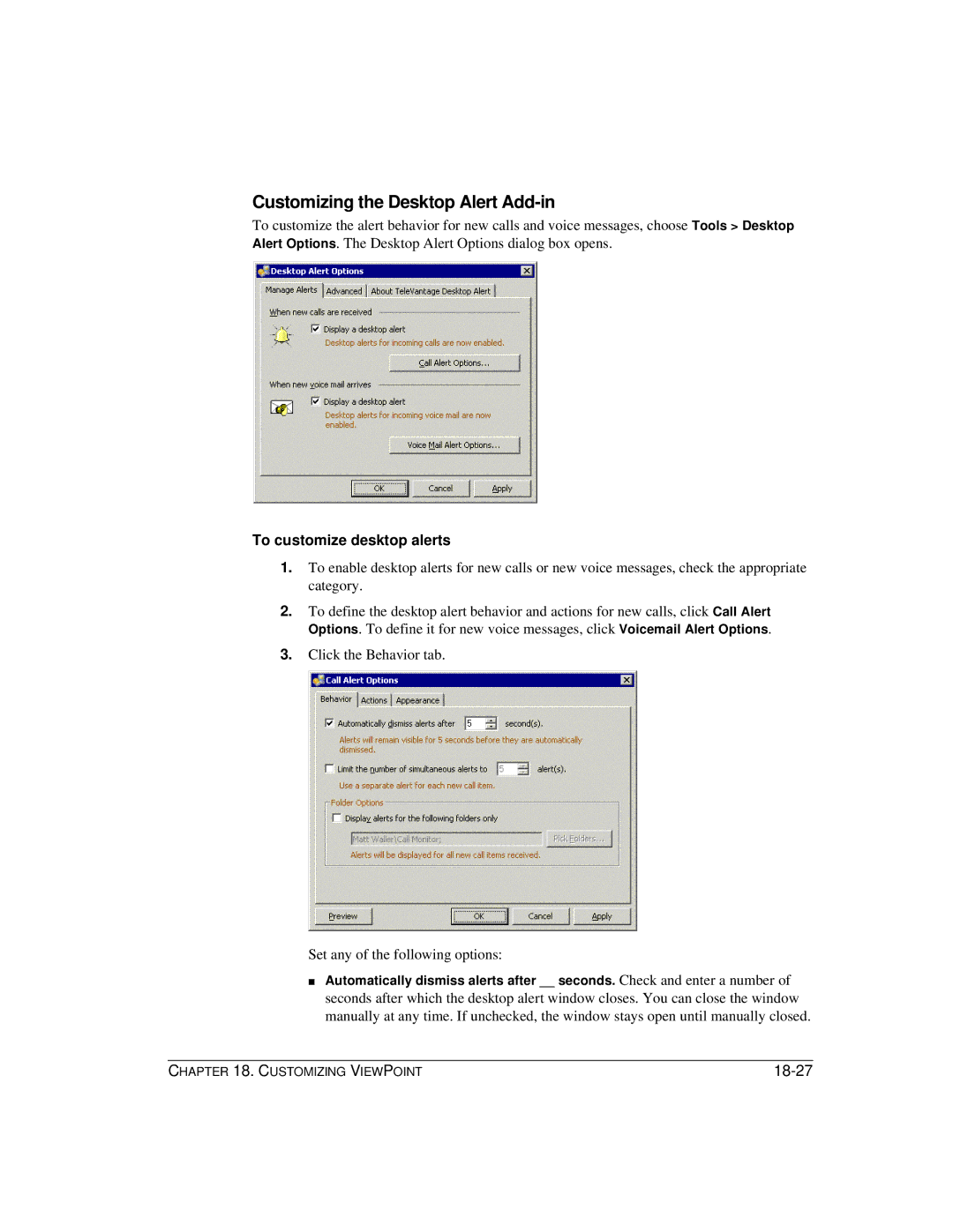 Vertical Communications TeleVantage 7.5 manual Customizing the Desktop Alert Add-in, To customize desktop alerts, 18-27 