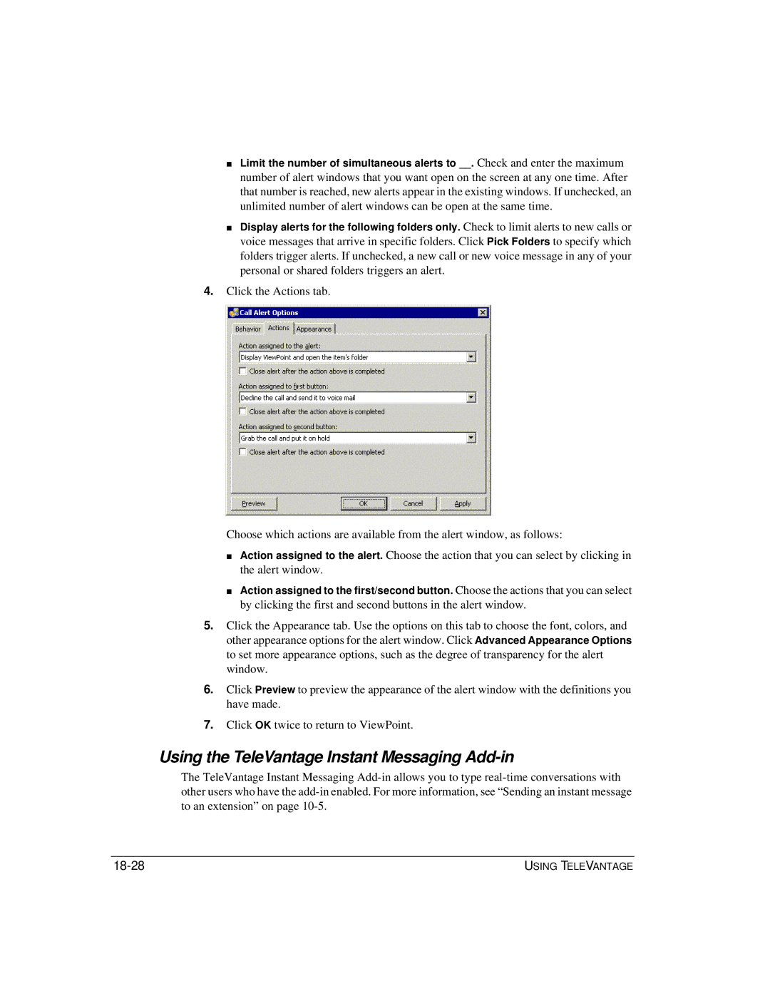 Vertical Communications TeleVantage 7.5 manual Using the TeleVantage Instant Messaging Add-in, 18-28 