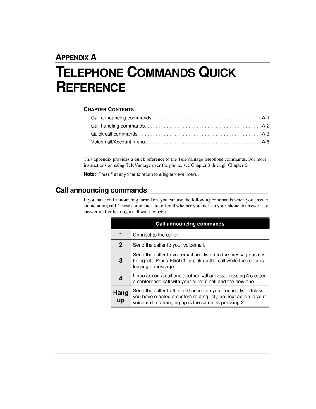 Vertical Communications TeleVantage 7.5 manual Telephone Commands Quick Reference, Call announcing commands 