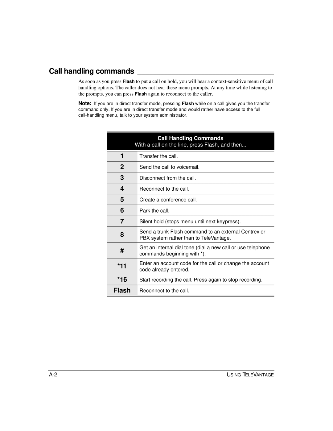 Vertical Communications TeleVantage 7.5 manual Call handling commands, Call Handling Commands 