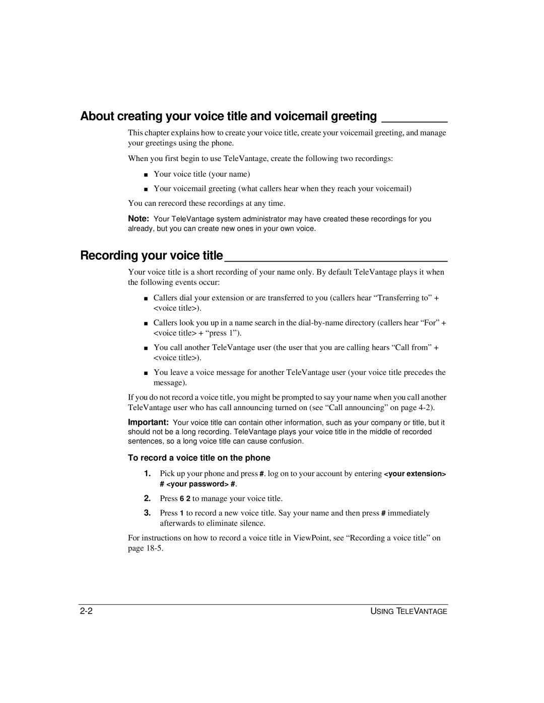 Vertical Communications TeleVantage 7.5 About creating your voice title and voicemail greeting, Recording your voice title 