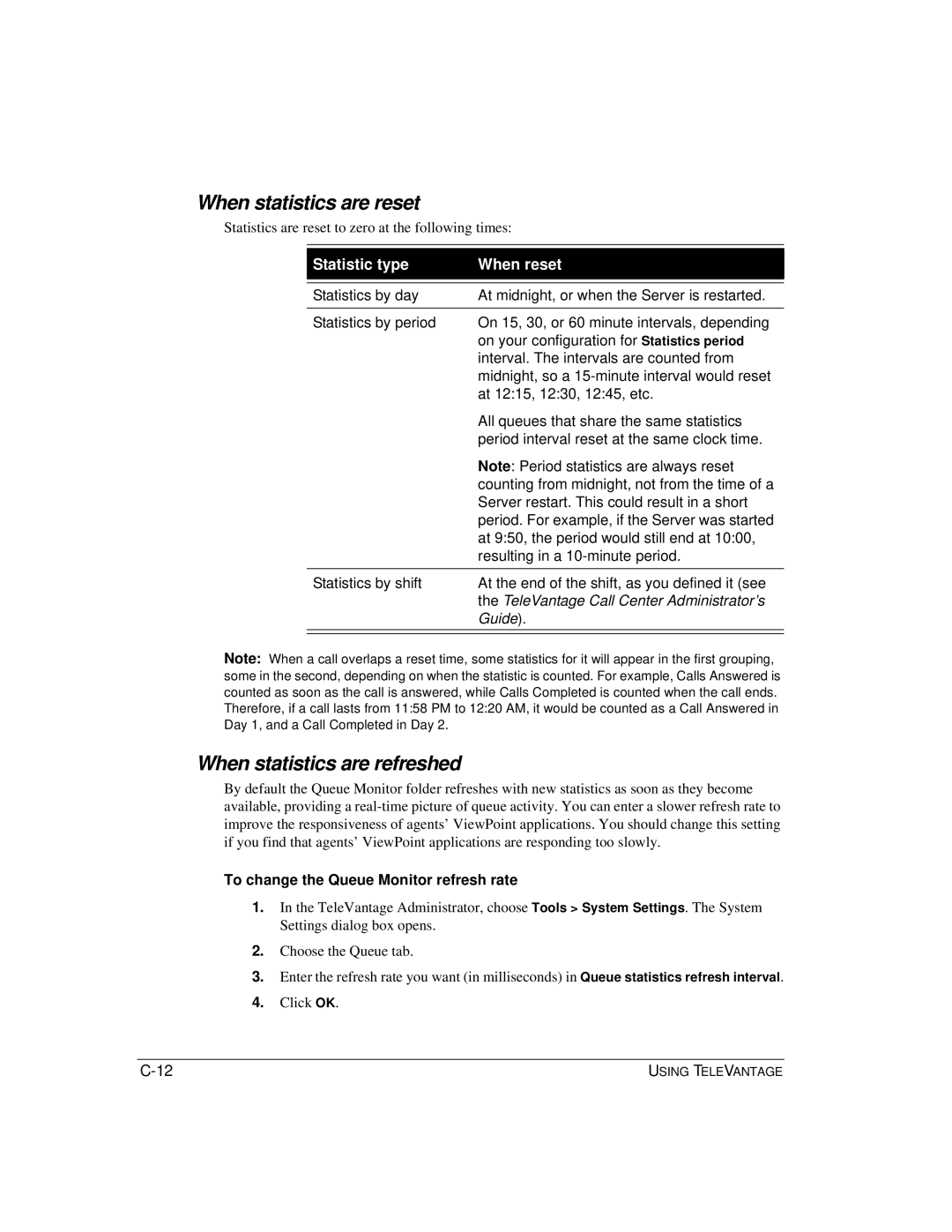 Vertical Communications TeleVantage 7.5 manual When statistics are reset, When statistics are refreshed 