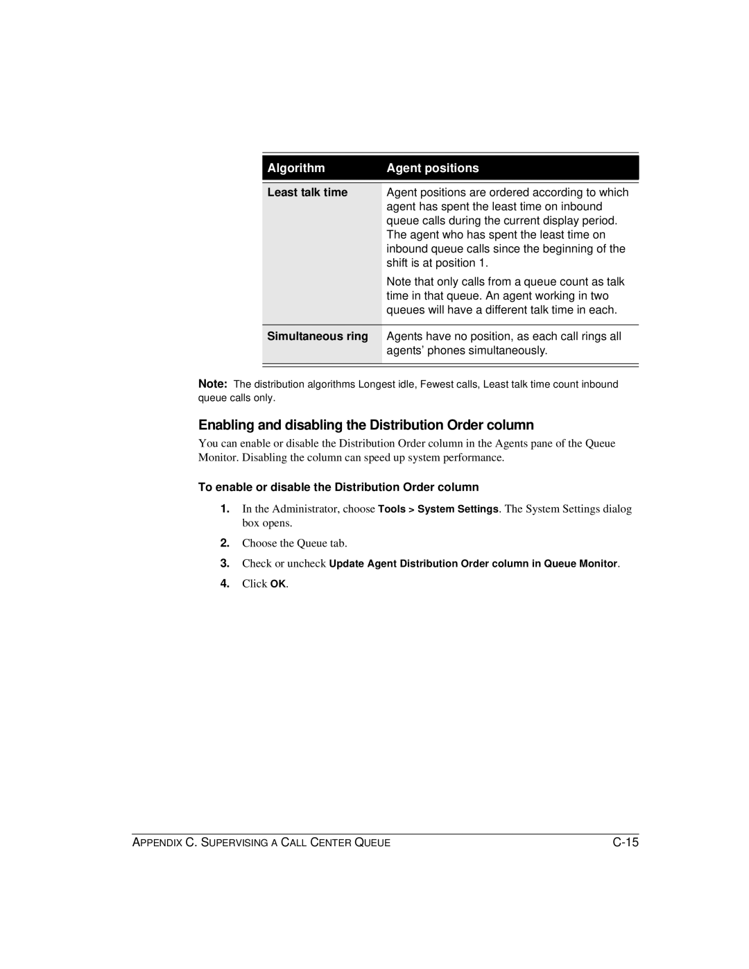 Vertical Communications TeleVantage 7.5 manual Enabling and disabling the Distribution Order column 