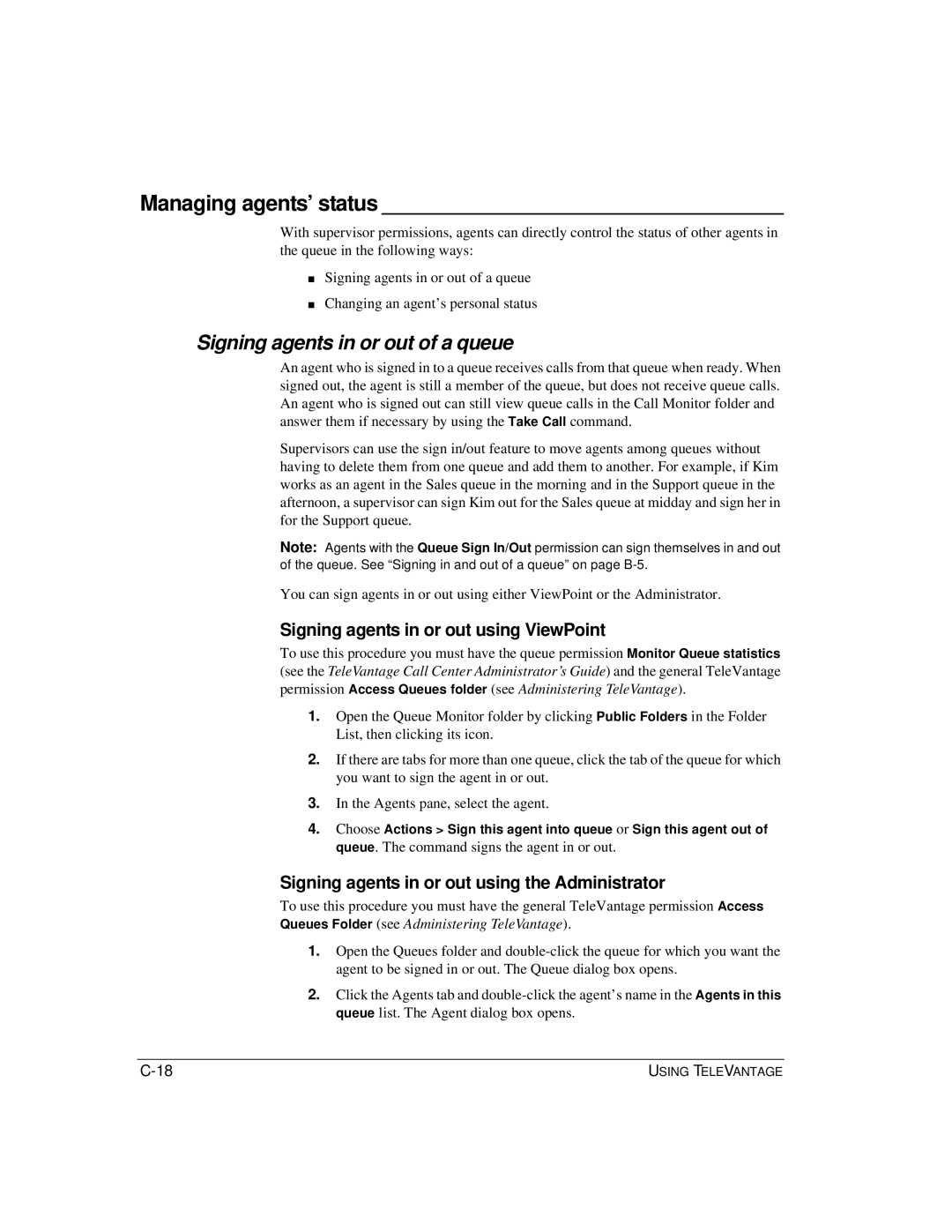 Vertical Communications TeleVantage 7.5 manual Managing agents’ status, Signing agents in or out of a queue 