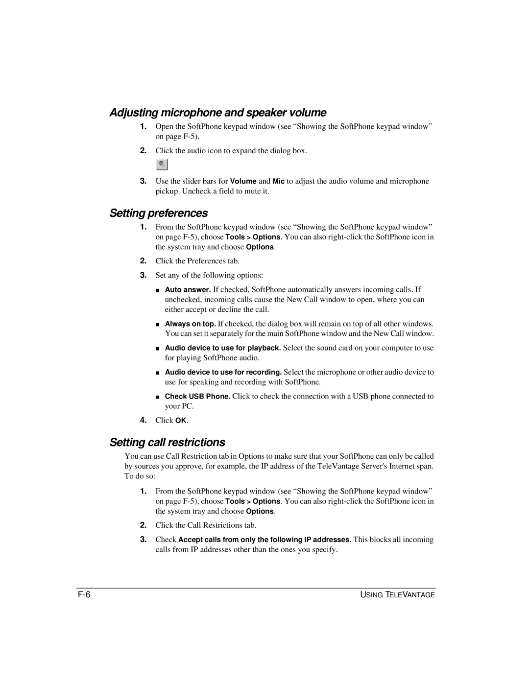 Vertical Communications TeleVantage 7.5 manual Adjusting microphone and speaker volume, Setting preferences 