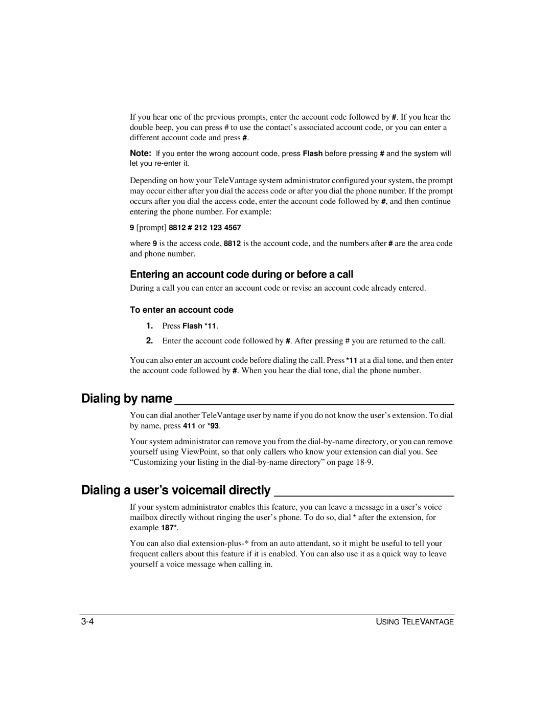 Vertical Communications TeleVantage 7.5 Dialing by name, Dialing a user’s voicemail directly, To enter an account code 