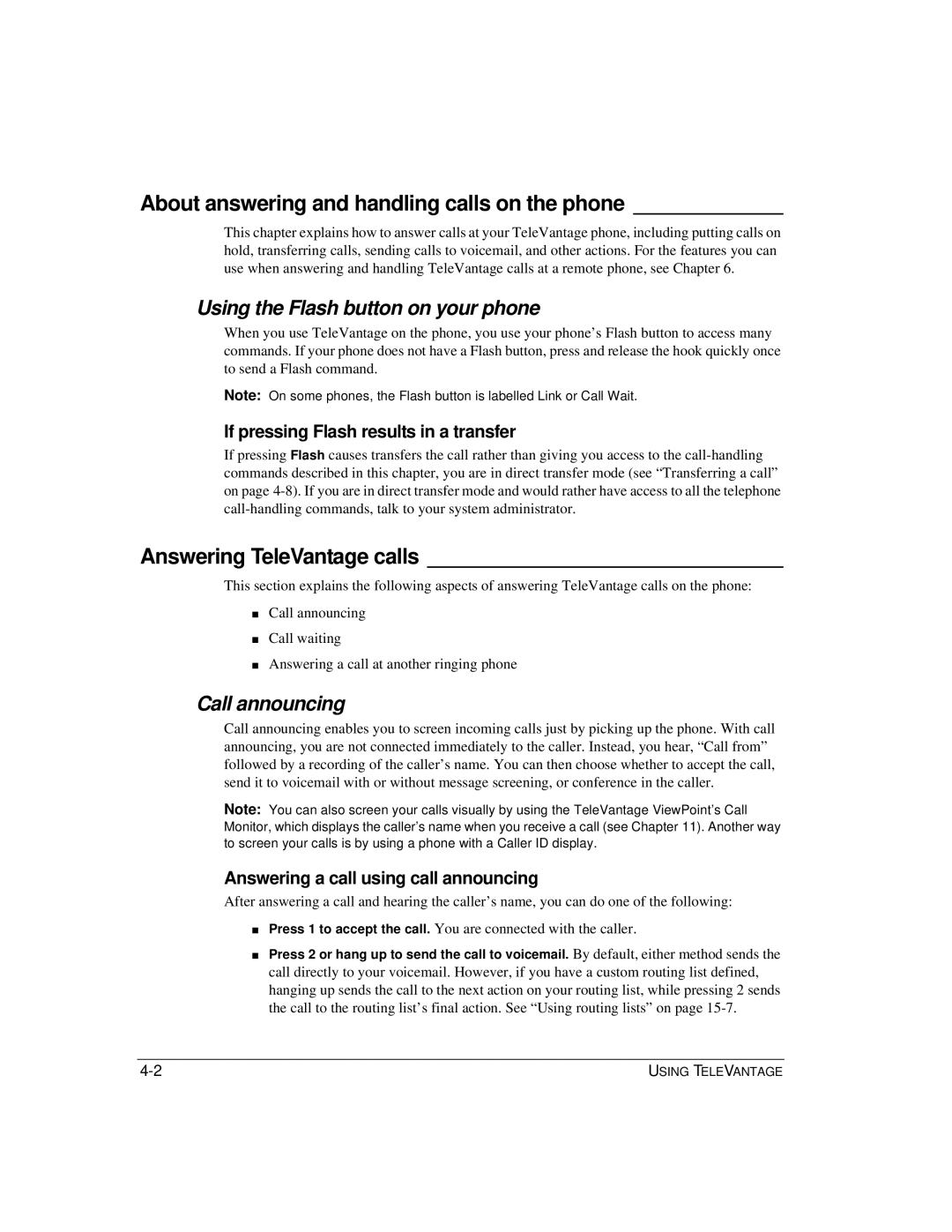 Vertical Communications TeleVantage 7.5 manual About answering and handling calls on the phone, Answering TeleVantage calls 