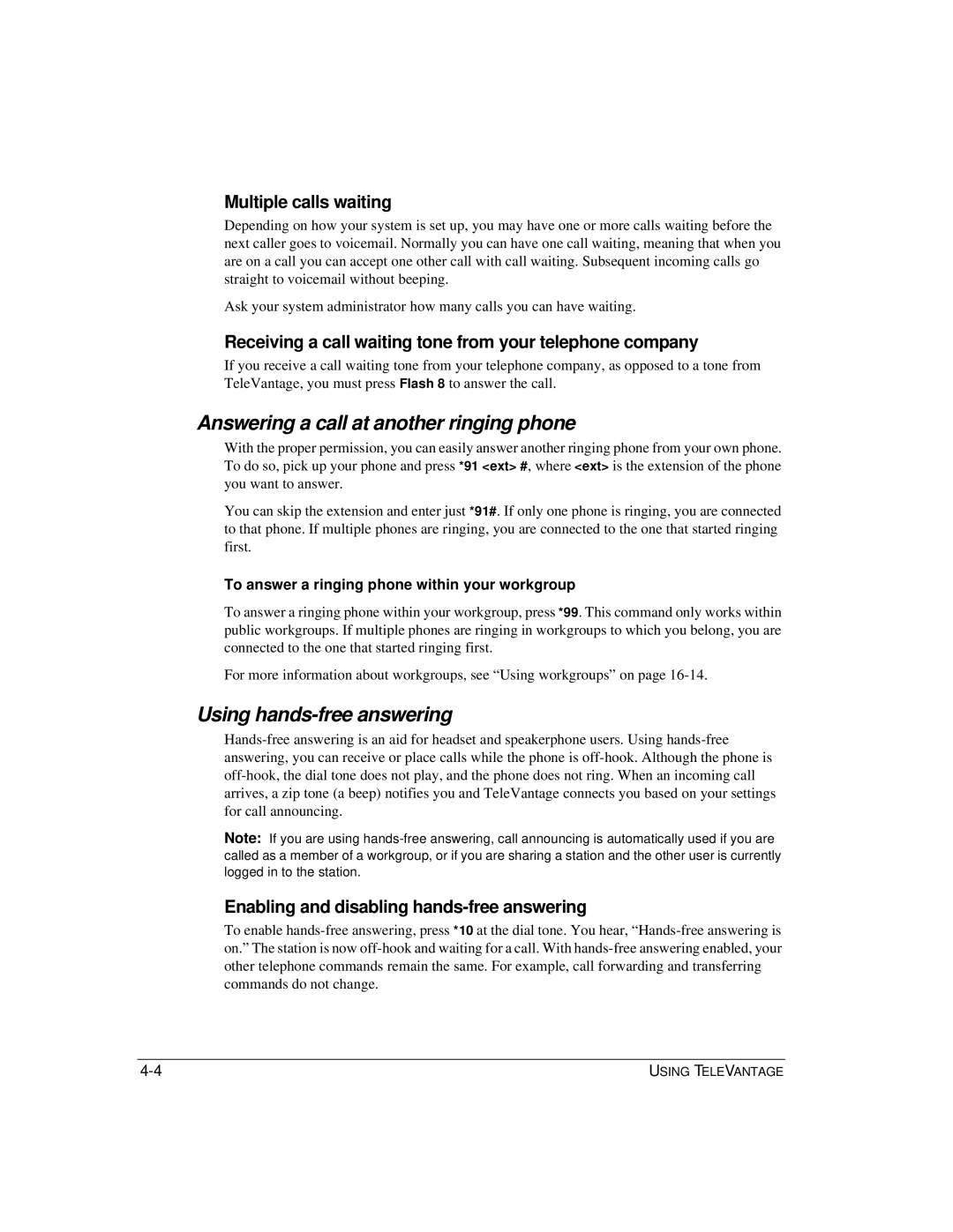 Vertical Communications TeleVantage 7.5 manual Answering a call at another ringing phone, Using hands-free answering 