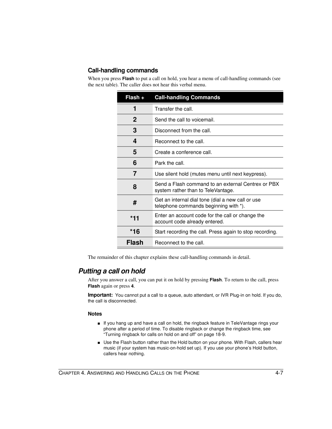 Vertical Communications TeleVantage 7.5 Putting a call on hold, Call-handling commands, Flash + Call-handling Commands 