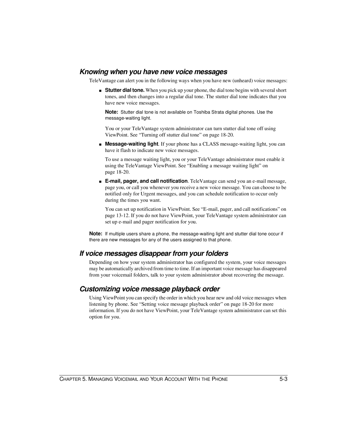 Vertical Communications TeleVantage 7.5 Knowing when you have new voice messages, Customizing voice message playback order 