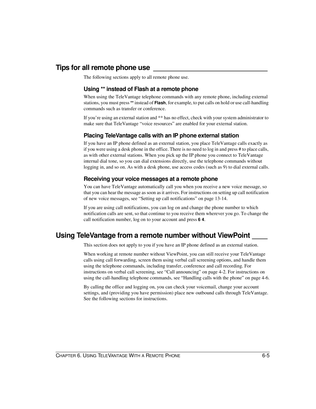 Vertical Communications TeleVantage 7.5 manual Tips for all remote phone use, Using ** instead of Flash at a remote phone 