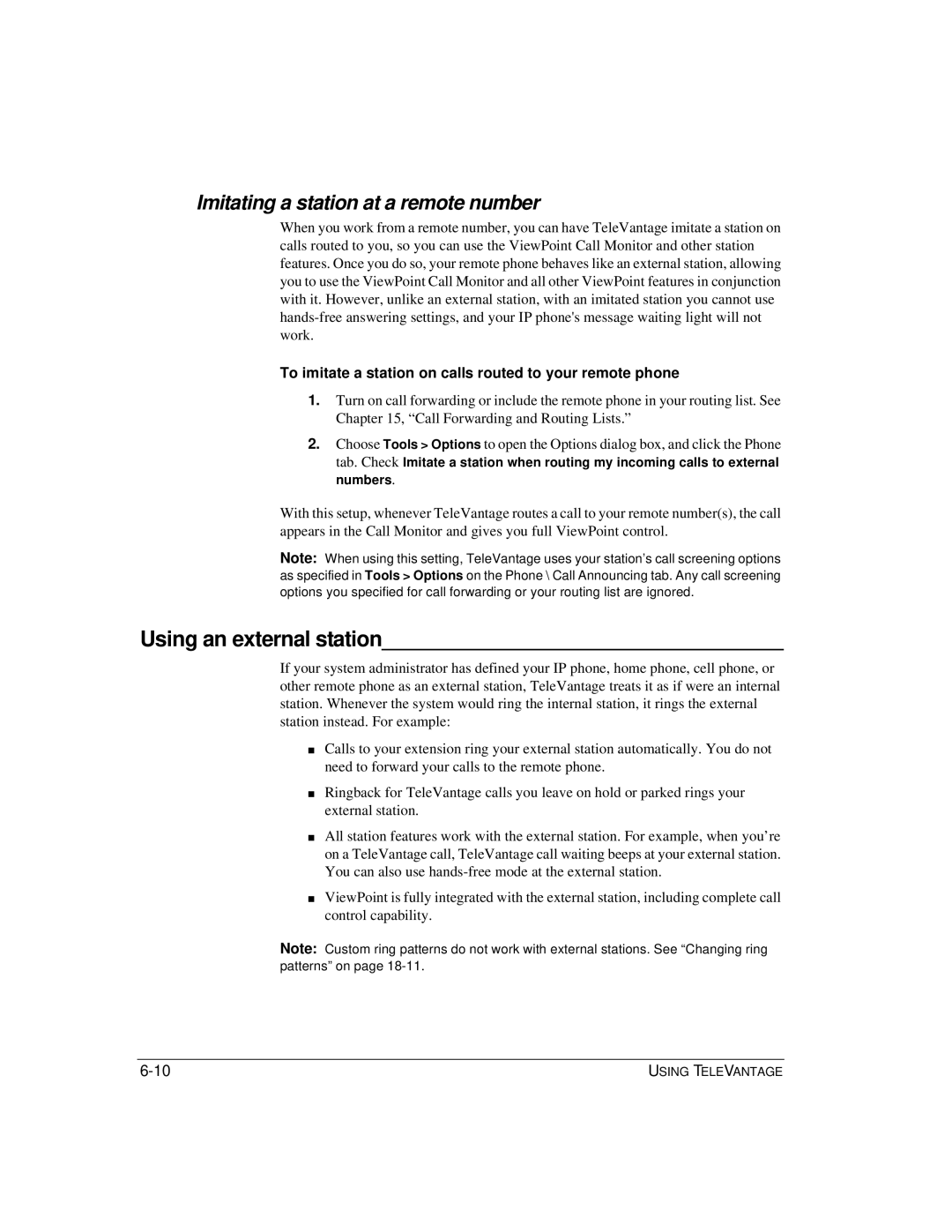 Vertical Communications TeleVantage 7.5 manual Using an external station, Imitating a station at a remote number 