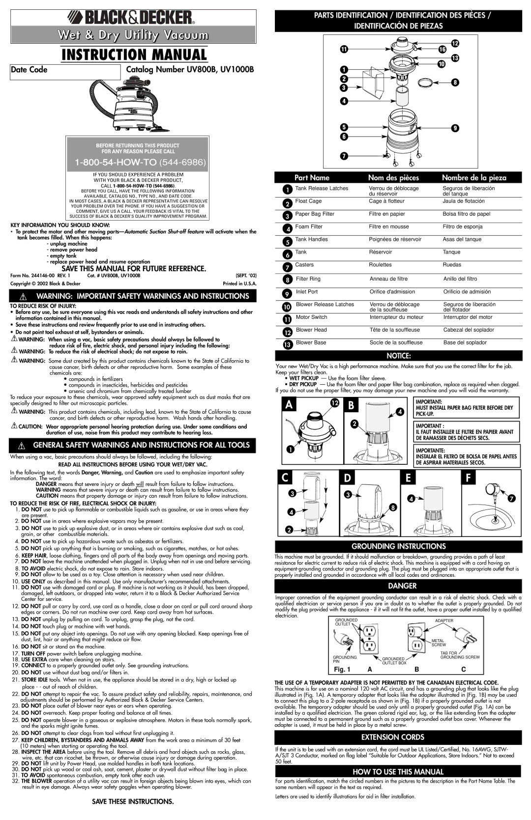 Vertical Communications UV800B instruction manual General Safety Warnings and Instructions for ALL Tools, Extension Cords 