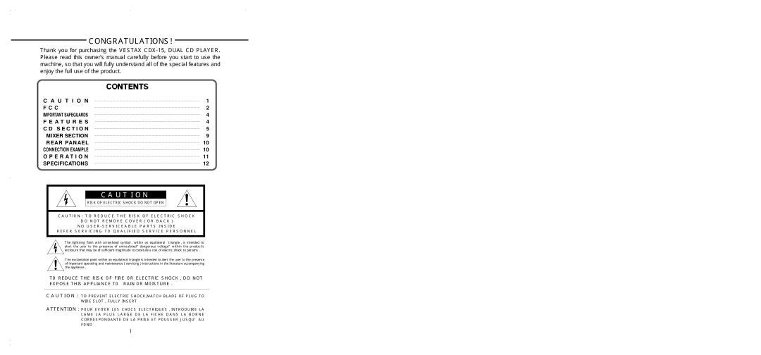 Vestax CDX-15 owner manual Congratulations, U T I O N 