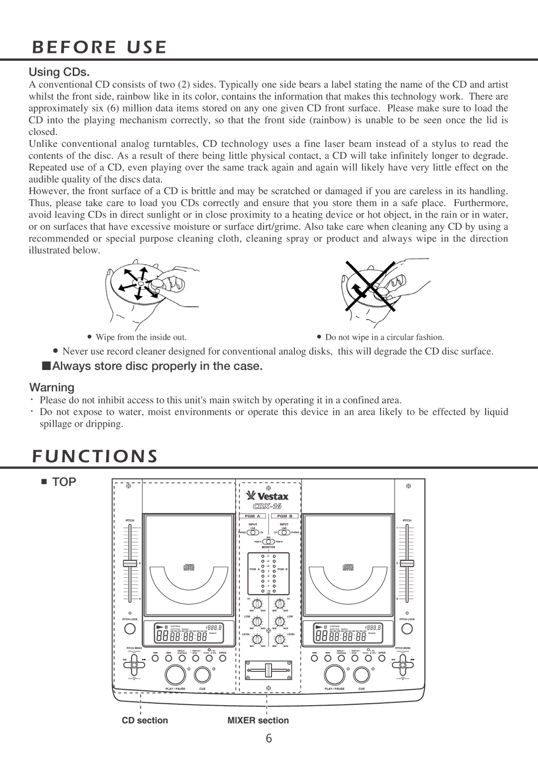 Vestax CDX-16 owner manual F O R E U S E, N C T I O N S, Top 