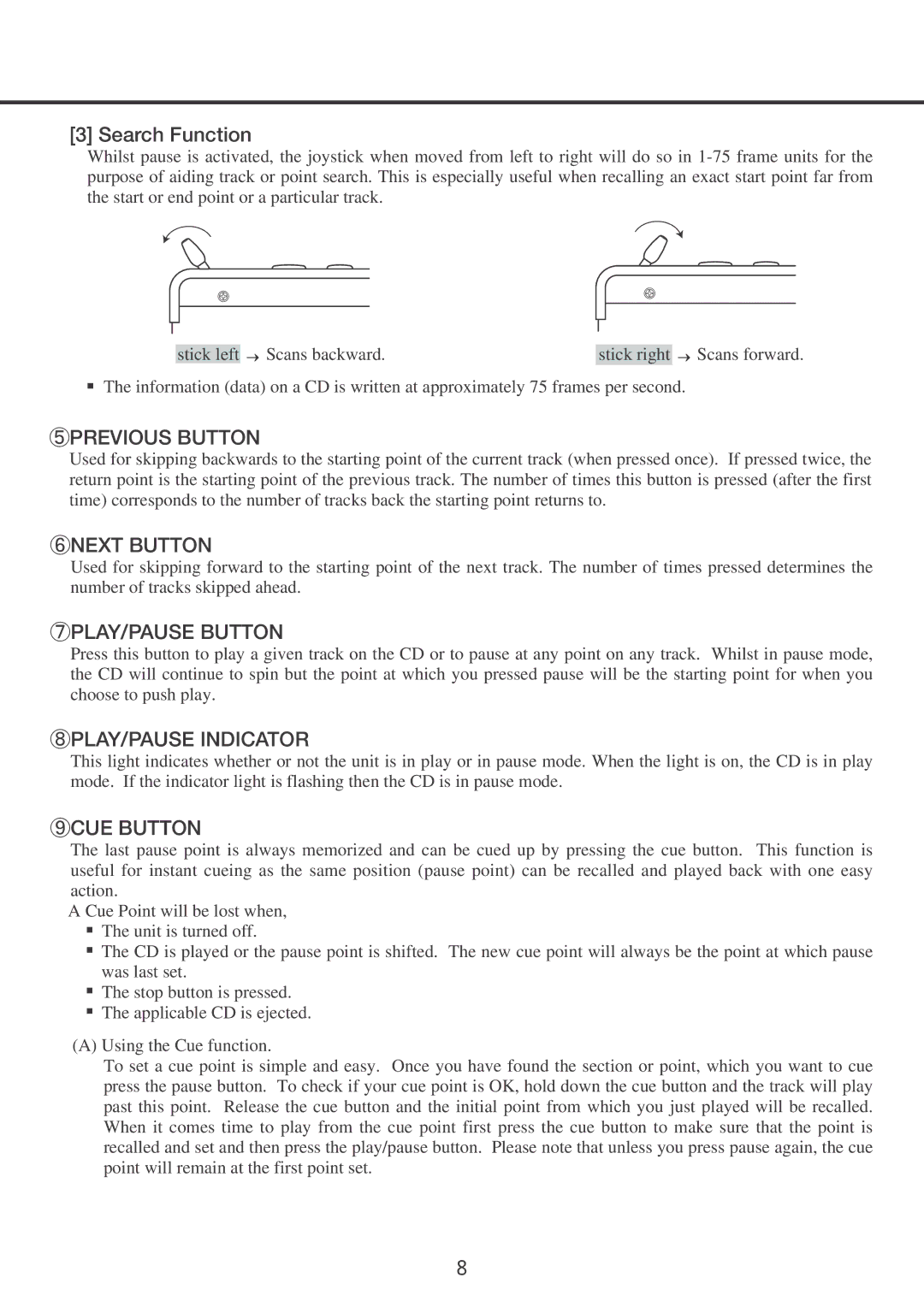 Vestax CDX-16 owner manual ⑤PREVIOUS Button, ⑥NEXT Button, ⑦PLAY/PAUSE Button, ⑧PLAY/PAUSE Indicator, ⑨CUE Button 