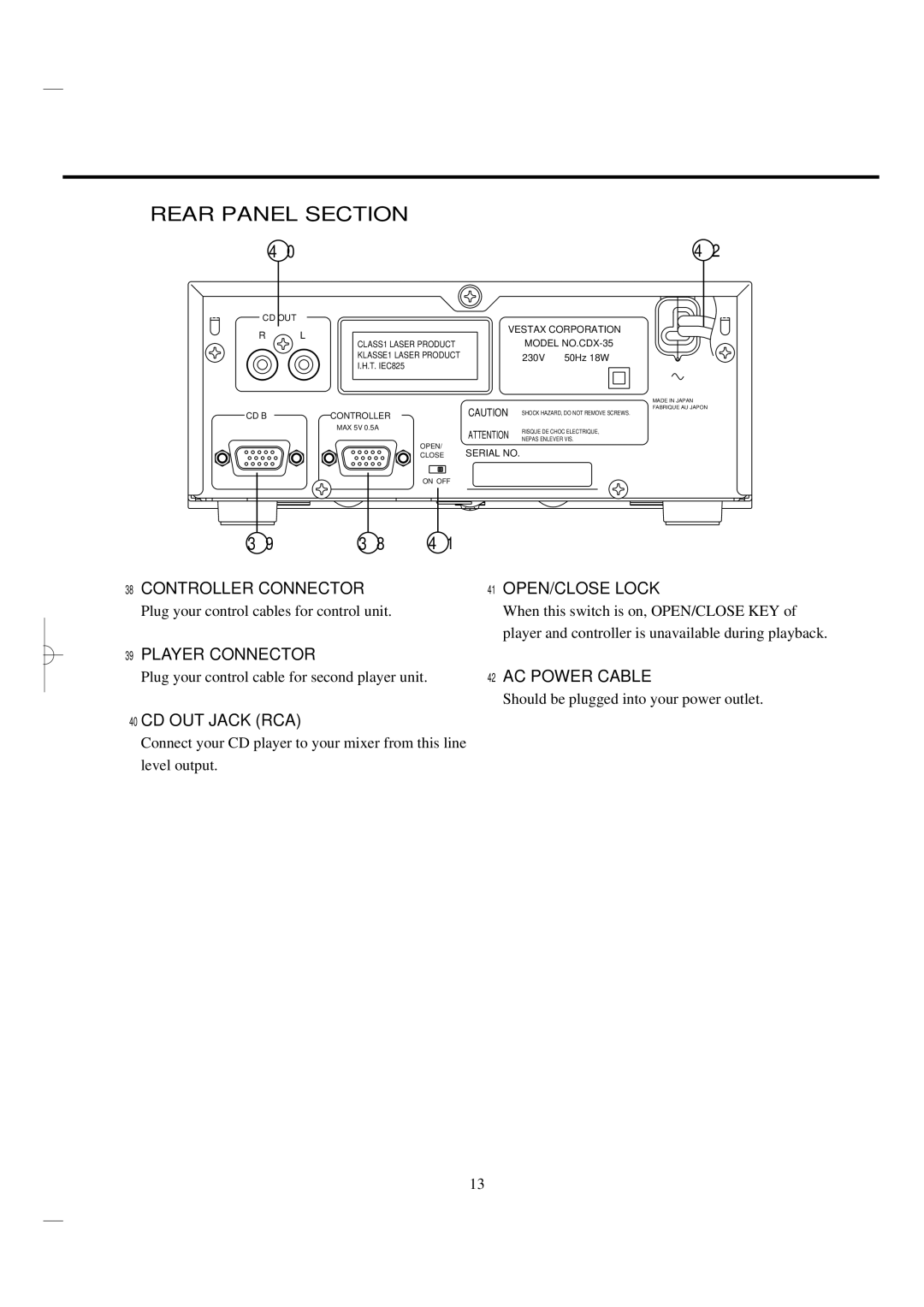 Vestax CDX-35 Rear Panel Section, Controller Connector OPEN/CLOSE Lock, Player Connector, AC Power Cable, CD OUT Jack RCA 