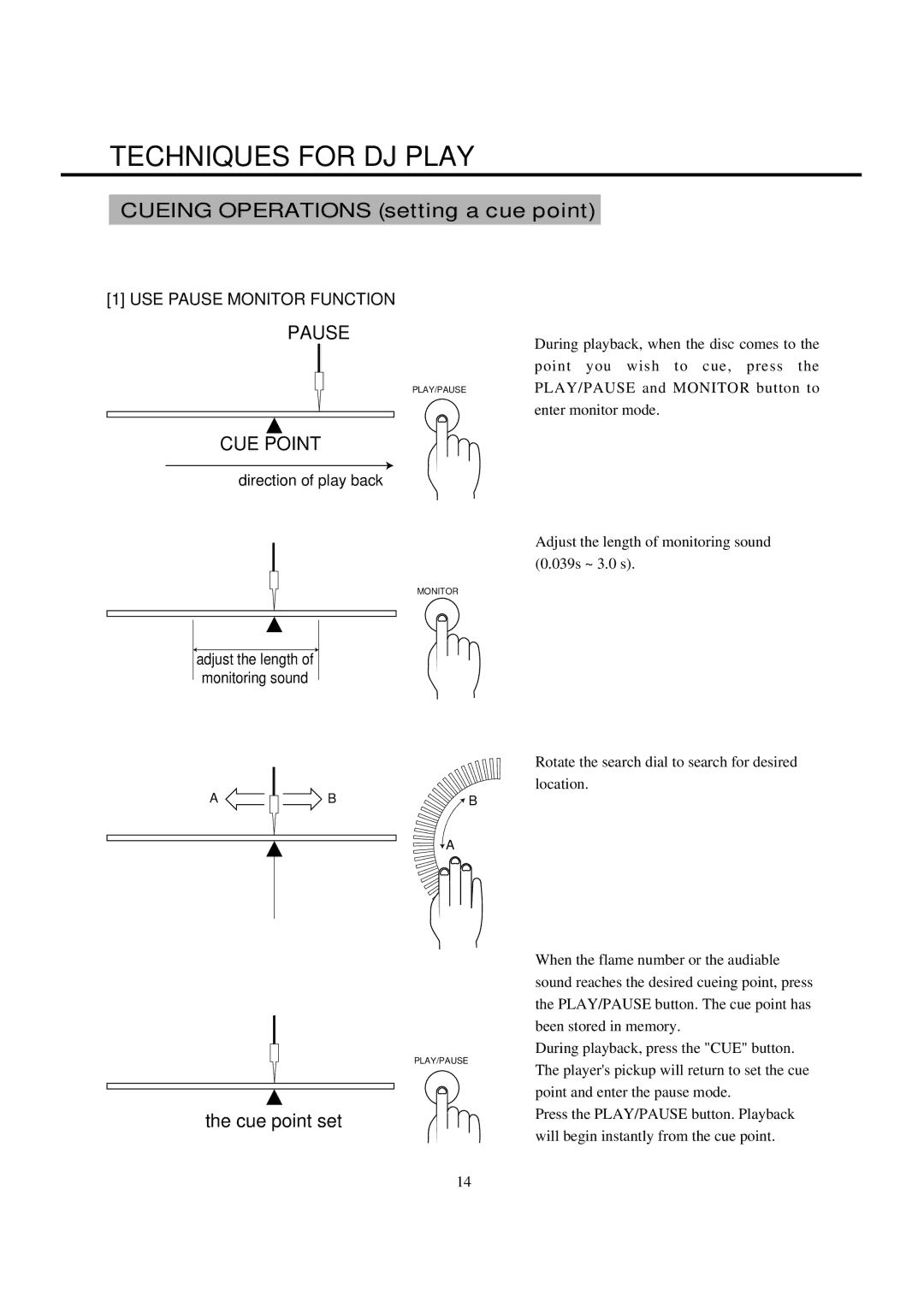 Vestax CDX-35P, CDX-35C owner manual Techniques for DJ Play, USE Pause Monitor Function 