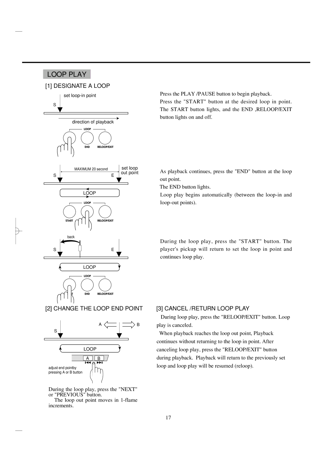 Vestax CDX-35P, CDX-35C owner manual Designate a Loop, Change the Loop END Point, Cancel /RETURN Loop Play 