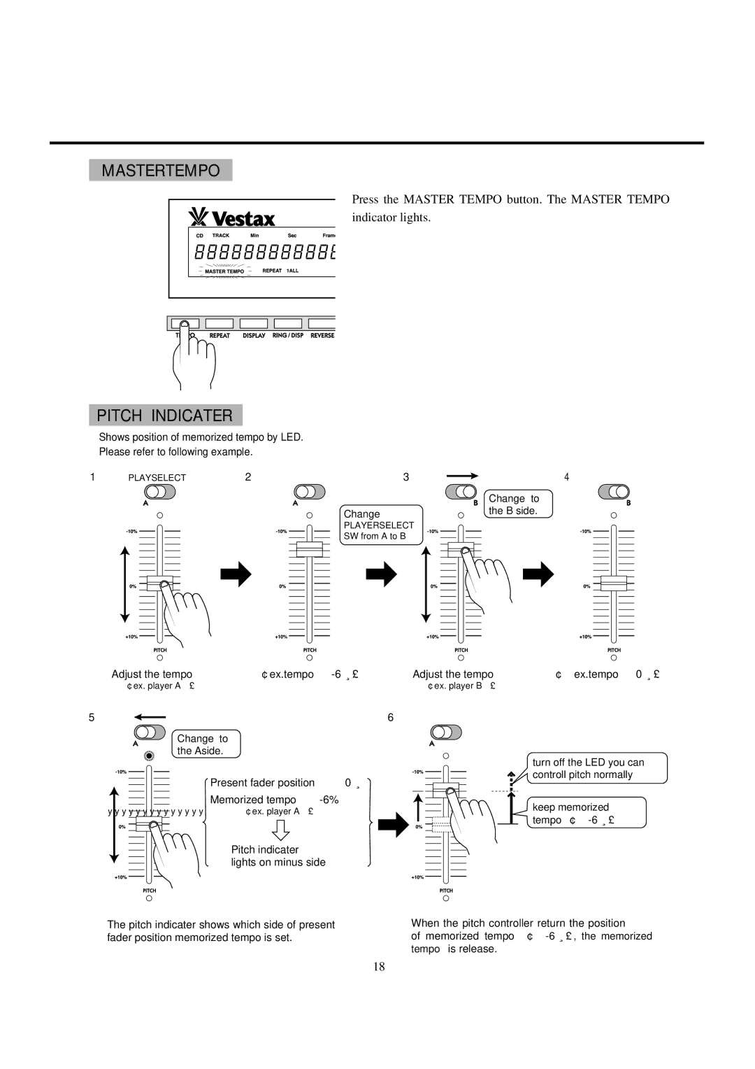 Vestax CDX-35C, CDX-35P owner manual Mastertempo, Pitch Indicater 