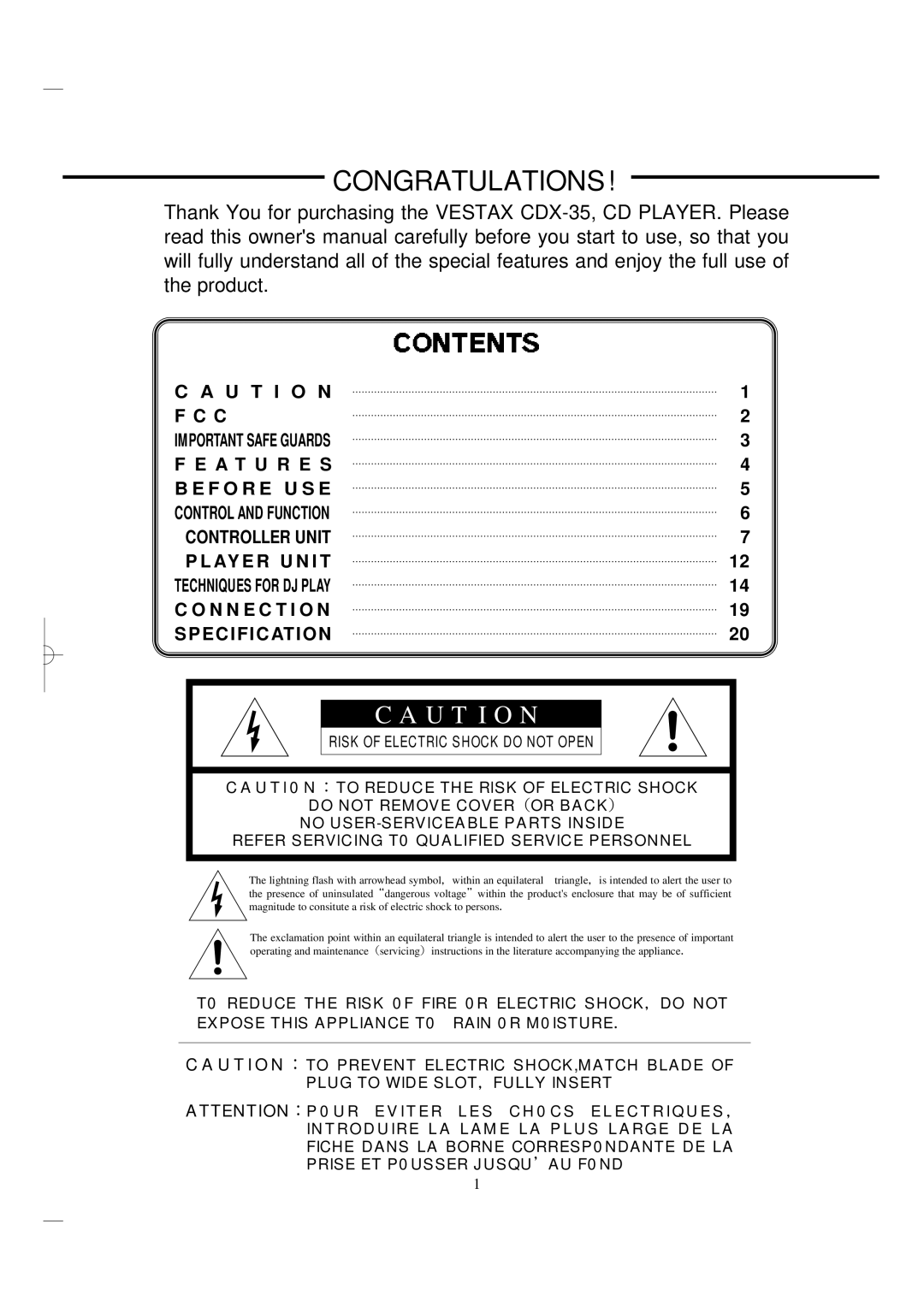 Vestax CDX-35P, CDX-35C owner manual Congratulations, U T I O N 