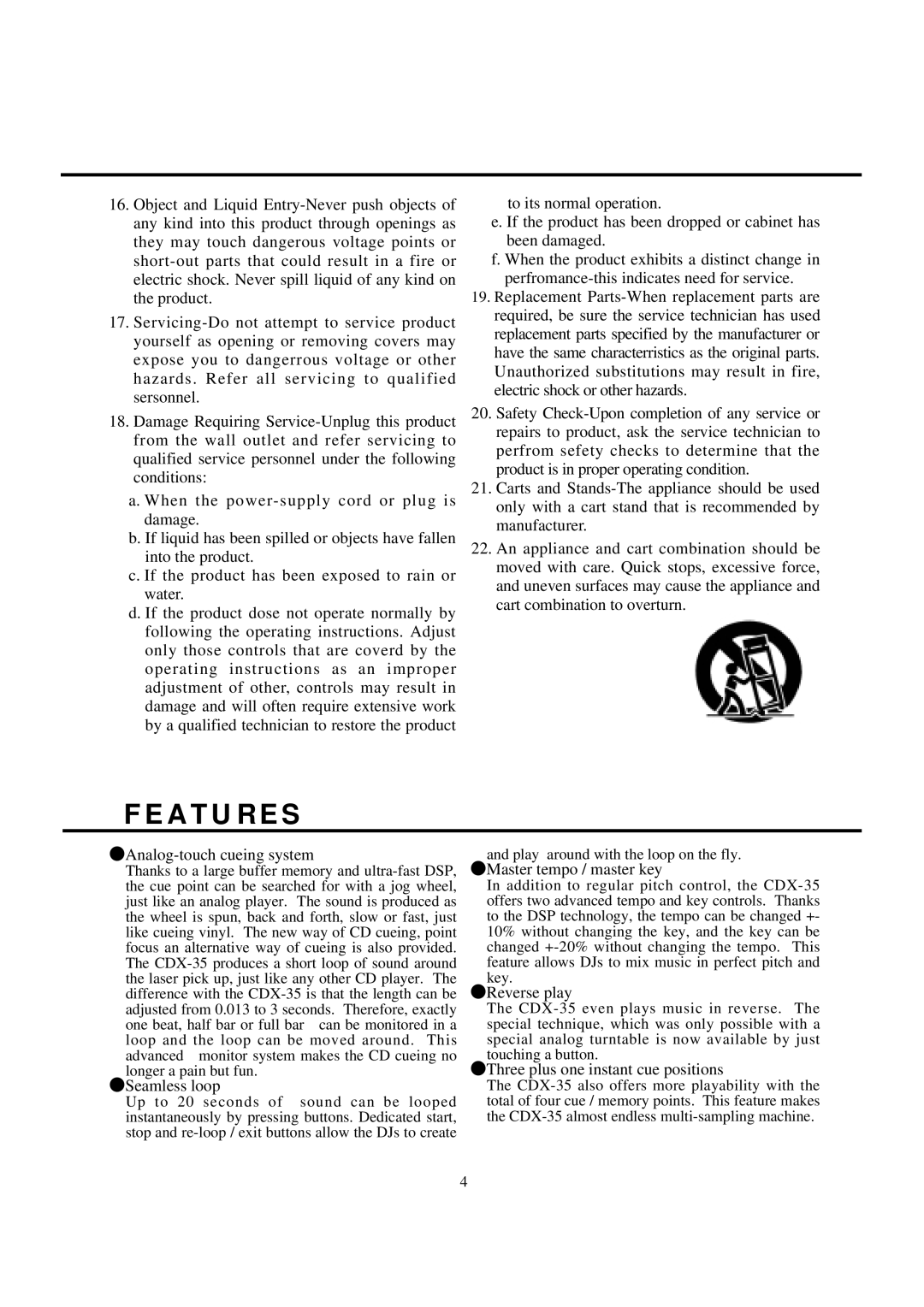 Vestax CDX-35P, CDX-35C owner manual A T U R E S, Analog-touch cueing system 