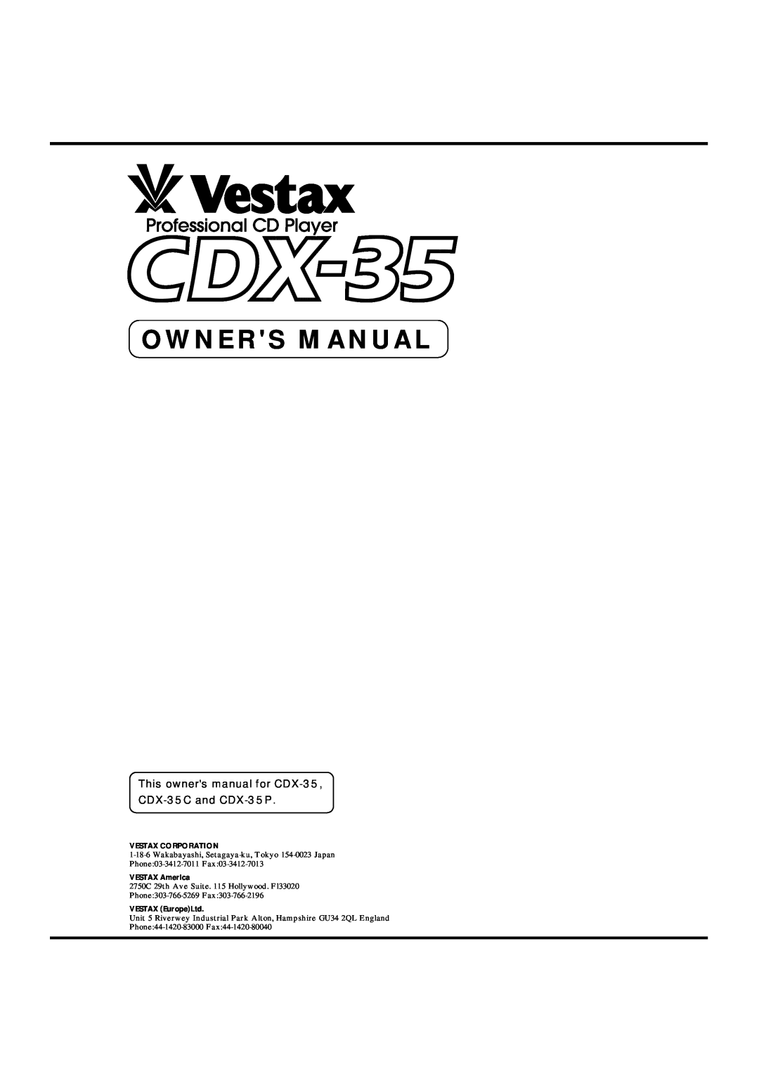 Vestax CDX-35C, CDX-35P owner manual Vestax Corporation, VESTAX America 