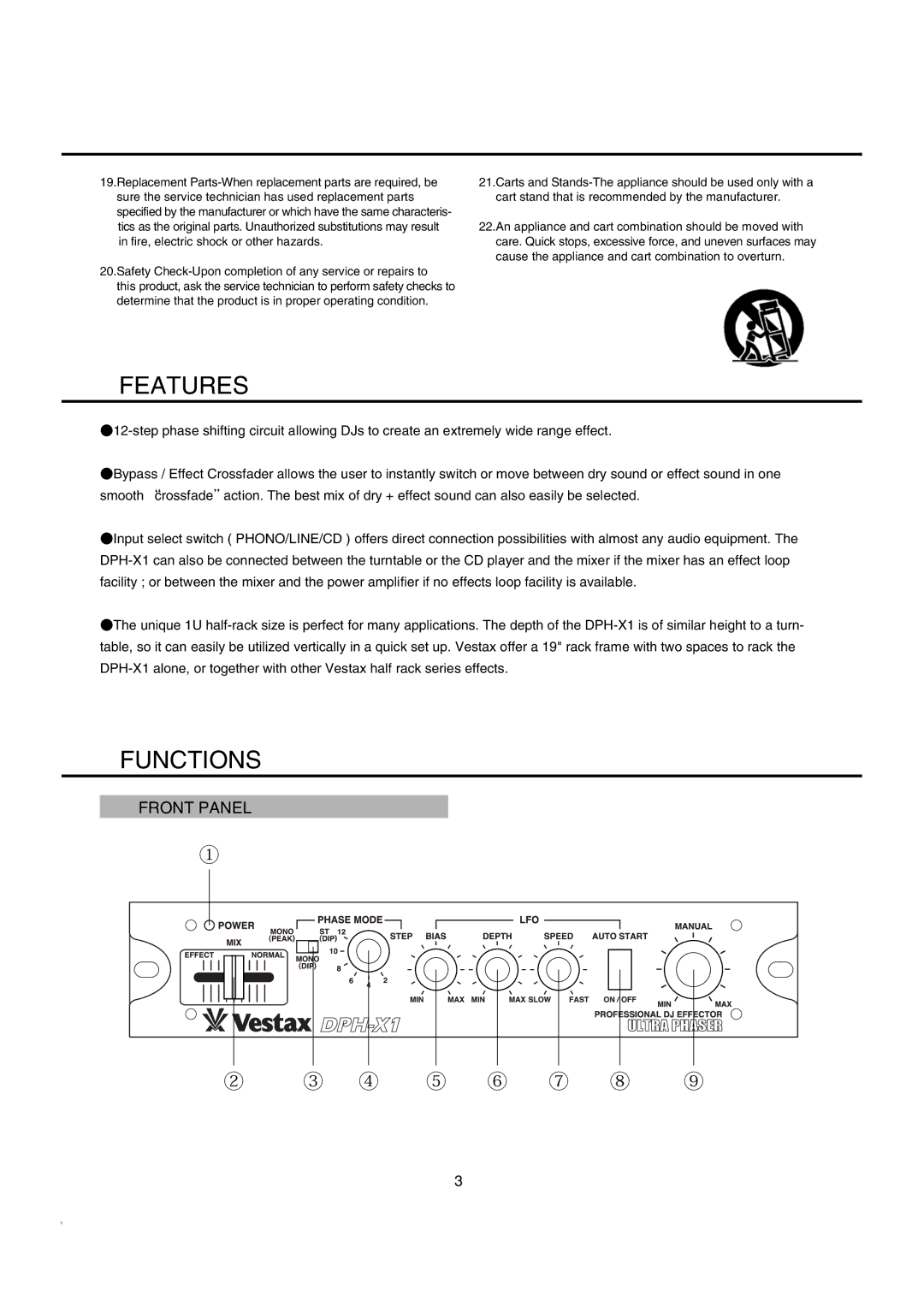 Vestax DJ Effector owner manual Features, Functions 