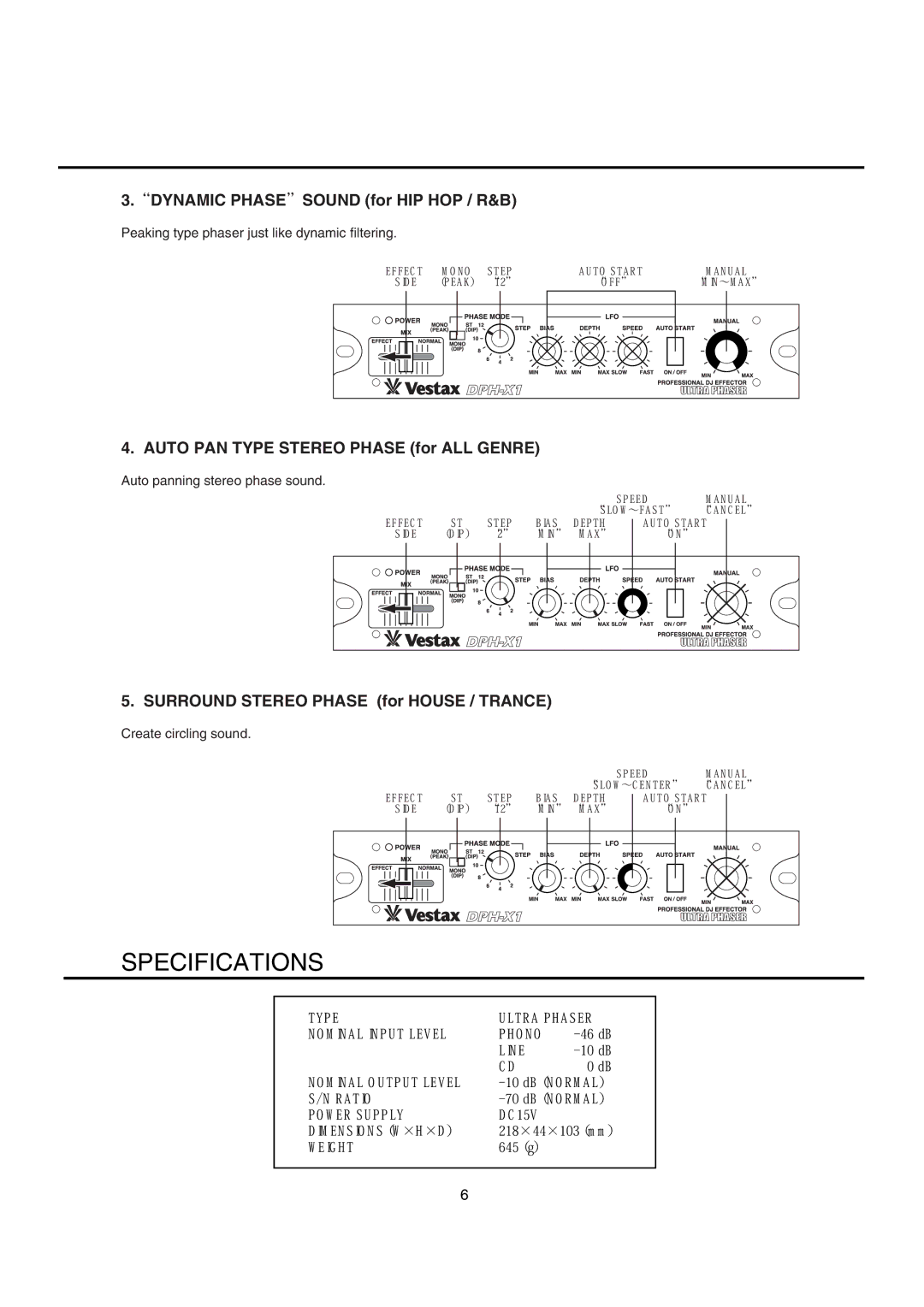 Vestax DJ Effector owner manual Specifications, Dynamic Phasesound for HIP HOP / R&B 