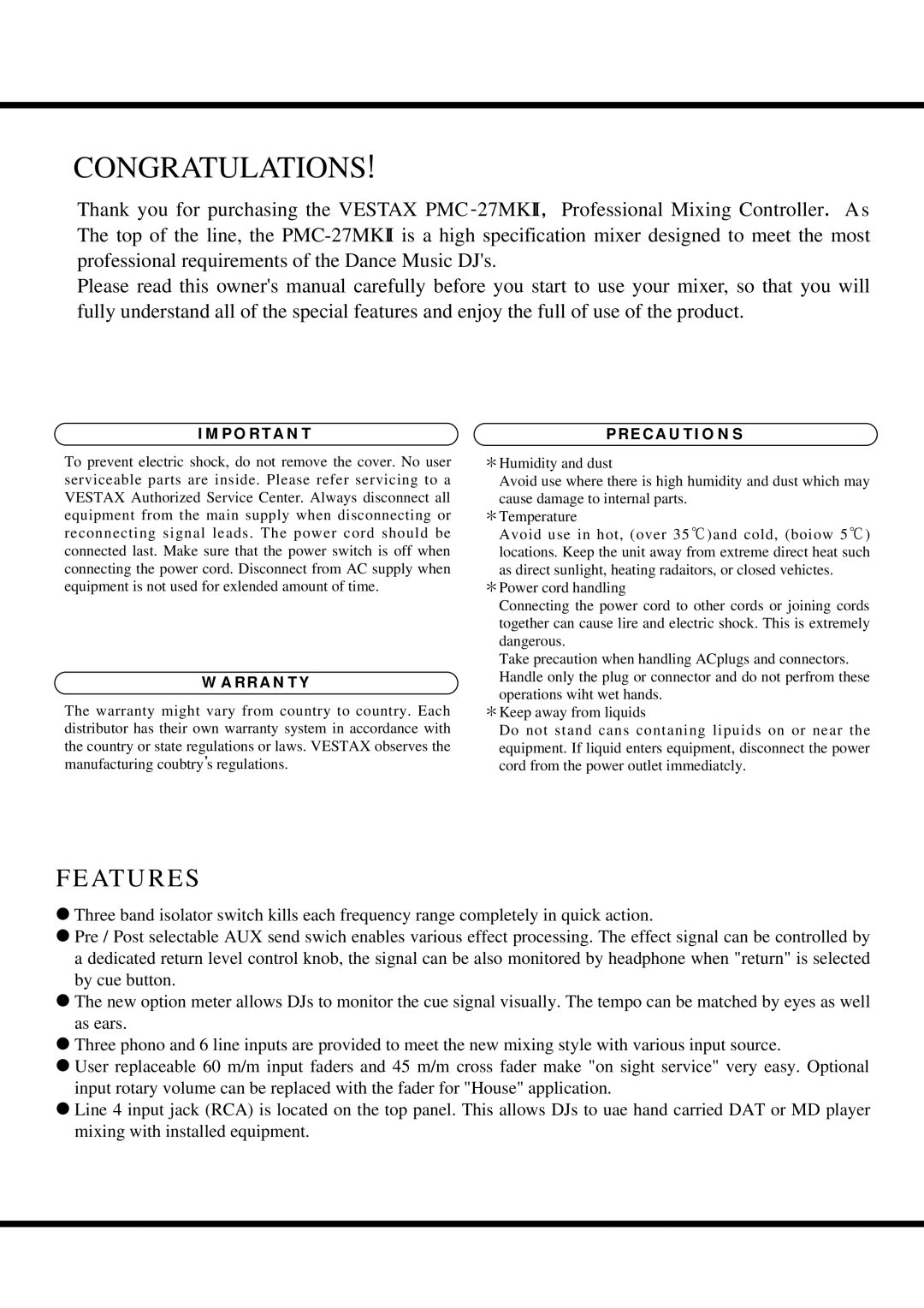 Vestax Mixing Controller owner manual Congratulations！ 