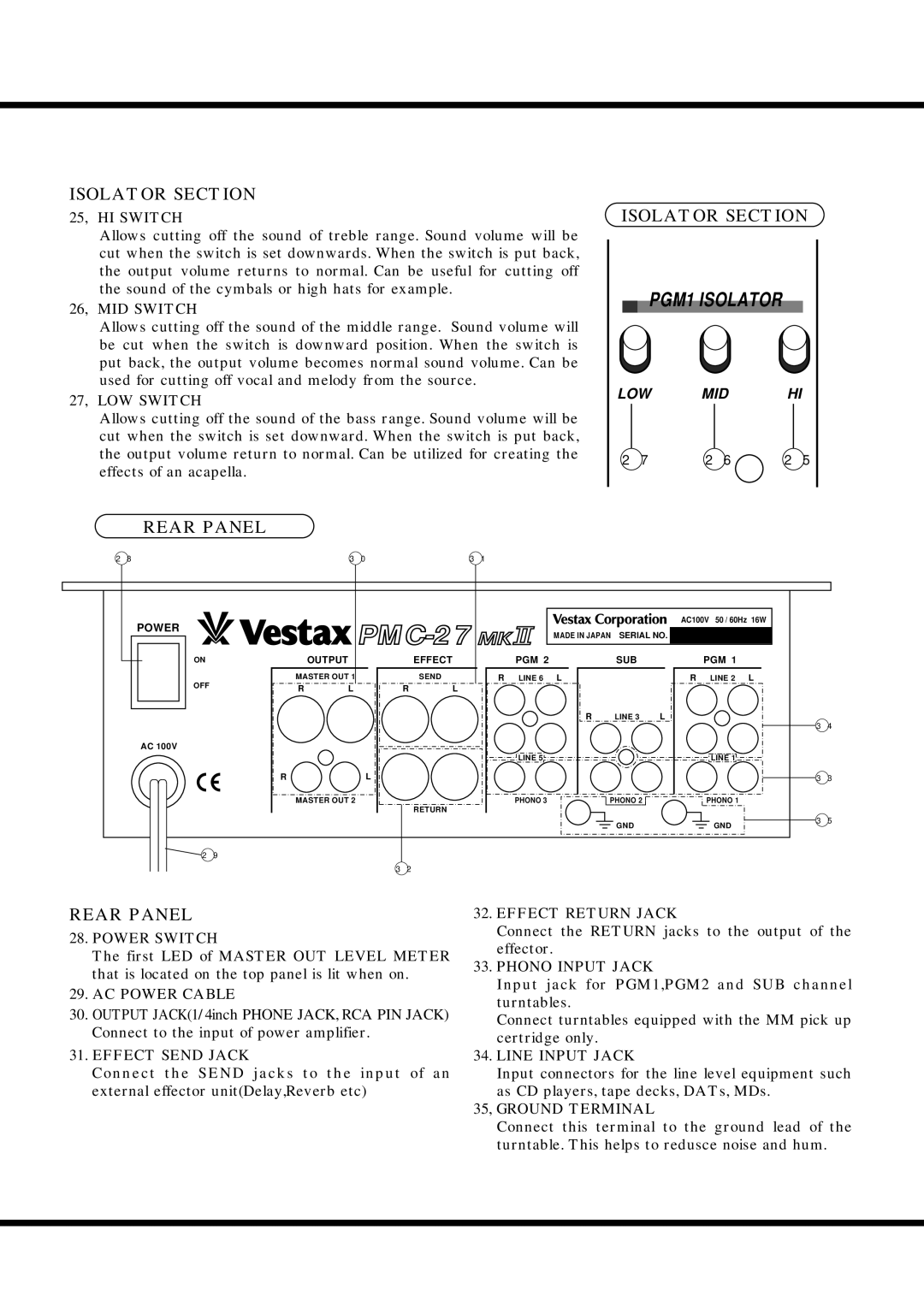 Vestax Mixing Controller owner manual Isolator Section, Rear Panel 