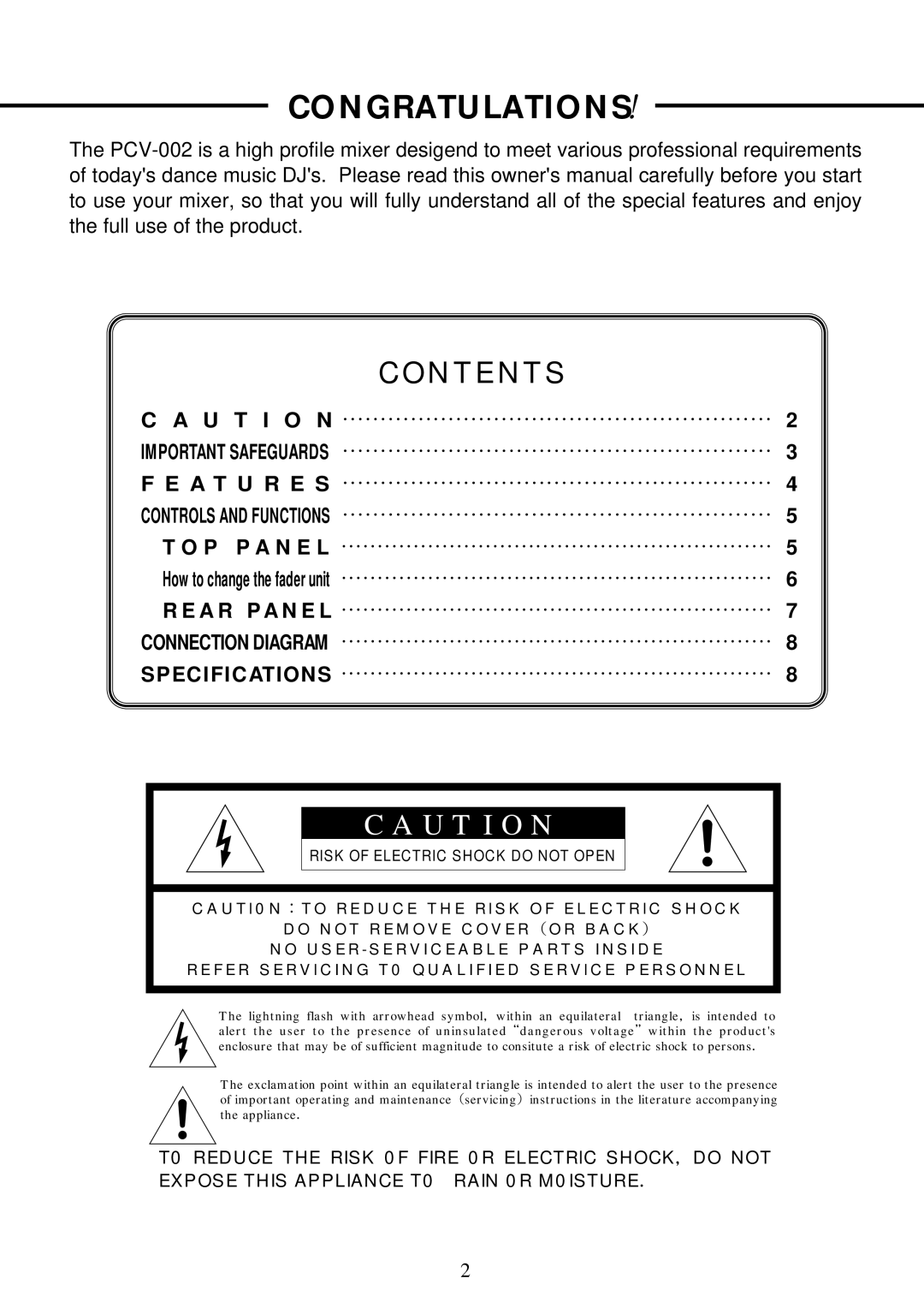 Vestax PCV-002 owner manual Congratulations！, Contents 