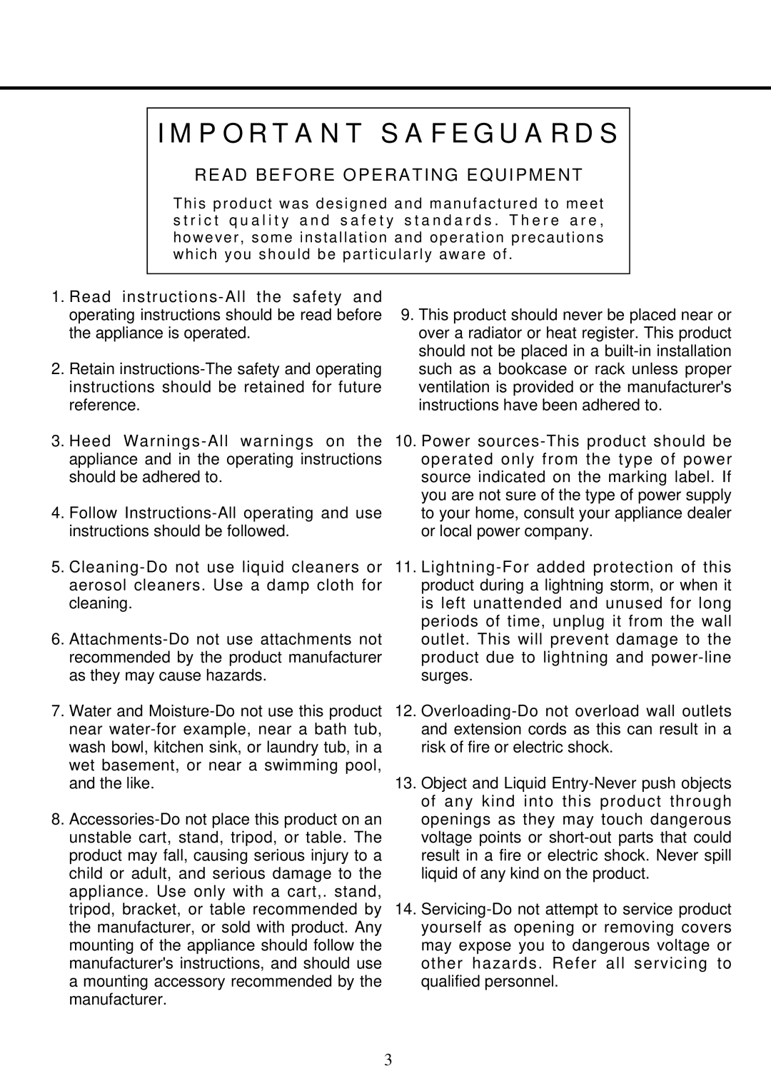 Vestax PCV-002 owner manual Important Safeguards, Read Before Operating Equipment 