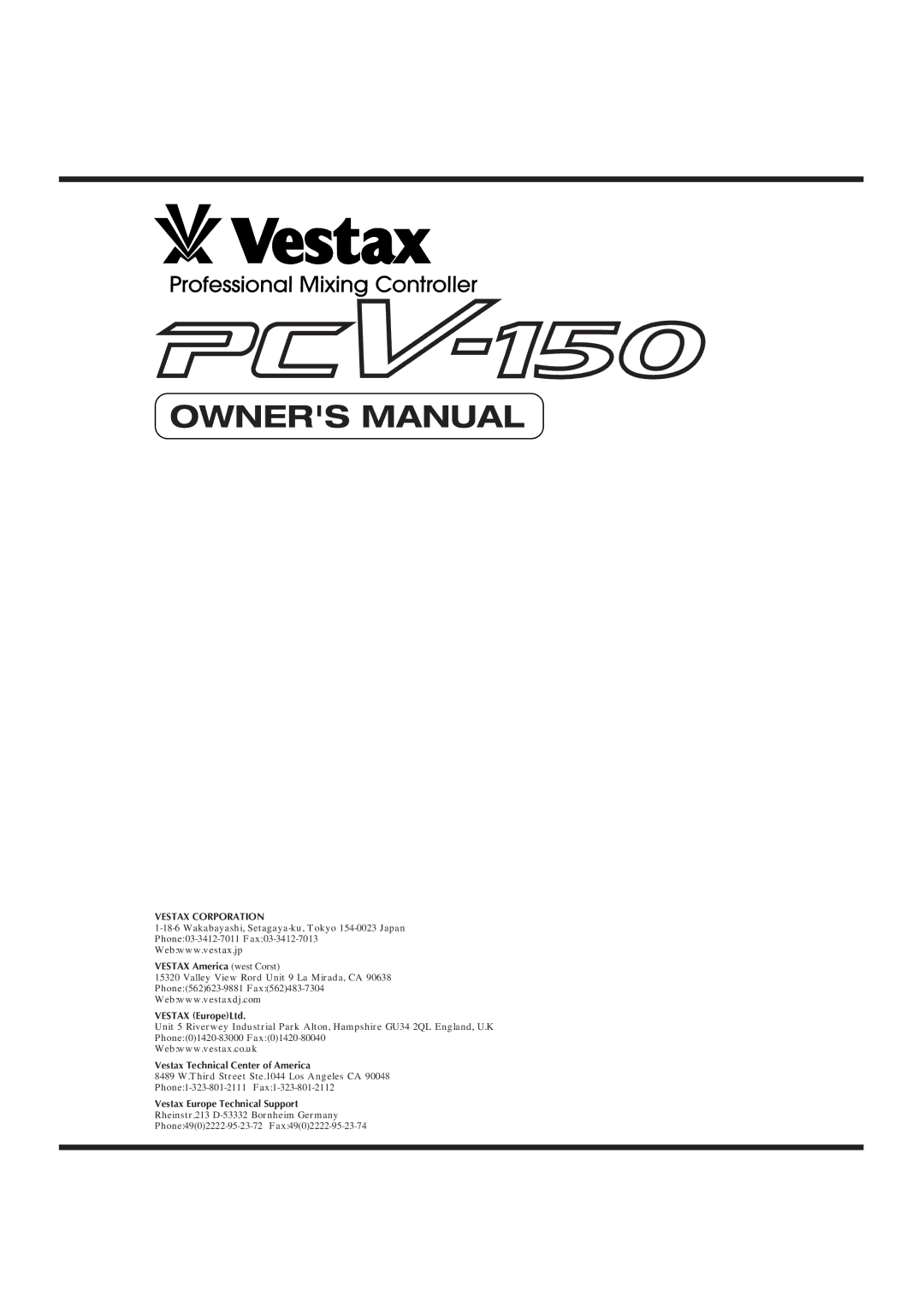 Vestax PCV-150 owner manual Professional Mixing Controller 